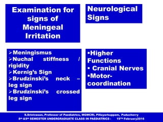 Examination for
signs of
Meningeal
Irritation
neck –
crossed
Meningismus
Nuchal stiffness /
rigidity
Kernig’s Sign
Bru...