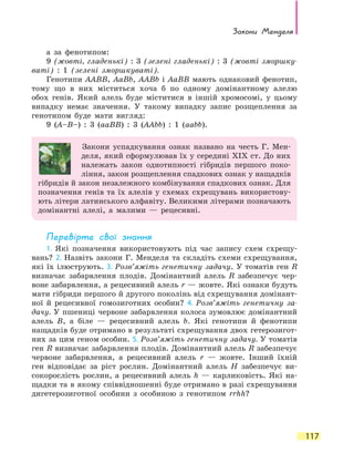 Закони Менделя
117
а за фенотипом:
9 (жовті, гладенькі) : 3 (зелені гладенькі) : 3 (жовті зморшку­
ваті)  :  1 (зелені зморшкуваті).
Генотипи AABB, AaBb, AABb і AaBB мають однаковий фенотип,
тому що в них міститься хоча б по одному домінантному алелю
обох генів. Який алель буде міститися в іншій хромосомі, у цьому
випадку немає значення. У такому випадку запис розщеплення за
генотипом буде мати вигляд:
9 (A–B–)  :  3 (aaBB)  :  3 (AAbb)  :  1 (aabb).
Закони успадкування ознак названо на честь Г. Мен-
деля, який сформулював їх у середині ХІХ ст. До них
належать закон однотипності гібридів першого поко-
ління, закон розщеплення спадкових ознак у нащадків
гібридів й закон незалежного комбінування спадкових ознак. Для
позначення генів та їх алелів у схемах схрещувань використову-
ють літери латинського алфавіту. Великими літерами позначають
домінантні алелі, а малими — рецесивні.
Перевірте свої знання
1. Які позначення використовують під час запису схем схрещу-
вань? 2. Назвіть закони Г. Менделя та складіть схеми схрещування,
які їх ілюструють. 3. Розв’яжіть генетичну задачу. У томатів ген R
визначає забарвлення плодів. Домінантний алель R забезпечує чер-
воне забарвлення, а рецесивний алель r — жовте. Які ознаки будуть
мати гібриди першого й другого поколінь від схрещування домінант-
ної й рецесивної гомозиготних особин? 4. Розв’яжіть генетичну за­
дачу. У пшениці червоне забарвлення колоса зумовлює домінантний
алель B, а біле — рецесивний алель b. Які генотипи й фенотипи
нащадків буде отримано в результаті схрещування двох гетерозигот-
них за цим геном особин. 5. Розв’яжіть генетичну задачу. У томатів
ген R визначає забарвлення плодів. Домінантний алель R забезпечує
червоне забарвлення, а рецесивний алель r — жовте. Інший їхній
ген відповідає за ріст рослин. Домінантний алель H забезпечує ви-
сокорослість рослин, а рецесивний алель h — карликовість. Які на-
щадки та в якому співвідношенні буде отримано в разі схрещування
дигетерозиготної особини з особиною з генотипом rrhh?
 