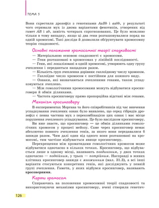 Тема 5
126
Вони схрестили дрозофіл з генотипами AaBb і aabb, у  результаті
чого отримали мух із двома варіантами фенотипів, утворених від
гамет AB і ab, замість чотирьох спрогнозованих. Це було можливо
тільки в тому випадку, якщо ці два гени розташовувалися поряд на
одній хромосомі. Такі досліди й дозволили обґрунтувати хромосомну
теорію спадковості.
Основні положення хромосомної теорії спадковості
— Матеріальною основою спадковості є хромосоми.
— Гени розташовані в хромосомах у лінійній послідовності.
— Гени, які локалізовані в одній хромосомі, утворюють одну групу
зчеплення і передаються нащадкам разом.
— Кількість груп зчеплення дорівнює гаплоїдному числу хромосом.
— Гаплоїдне число хромосом є постійним для кожного виду.
— Ознаки, які визначаються зчепленими генами, також успад-
ковуються зчеплено.
— Між гомологічними хромосомами можуть відбуватися кросин-
говери й обмін ділянками.
— Частота кросинговеру прямо пропорційна відстані між генами.
Механізм кросинговеру
В експериментах Моргана та його співробітників під час вивчення
успадкування зчеплених ознак було виявлено, що серед гібридів дро-
зофіл є певна частина мух з перекомбінацією цих ознак і має місце
порушення зчепленого успадкування. Це було наслідком кросинговеру.
Ви вже знаєте, що кросинговер — це обмін ділянками гомоло-
гічних хромосом у процесі мейозу. Саме через кросинговер немає
абсолютно повного зчеплення генів, за якого вони передавалися б
завжди разом. Чим далі один від одного вони розташовані на хро-
мосомі, тим частіше відбувається явище кросинговеру.
Перехрещення між хроматидами гомологічних хромосом може
відбуватися одночасно в кількох точках. Кросинговер, що відбува-
ється лише в одному місці, називають поодиноким, у двох точках
одночасно — подвійним, у трьох — потрійним. Насправді в живих
клітинах кросинговер завжди є множинним (мал. 31.3), а всі інші
варіанти стосуються конкретних генів, які досліджують у певній
групі зчеплення. Гамети, у яких відбувся кросинговер, називають
кросоверними.
Карти хромосом
Спираючись на положення хромосомної теорії спадковості та
використовуючи механізми кросинговеру, вчені створили генетич-
 