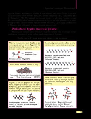 Органічні молекули. Біополімери
13
групи: білки, вуглеводи, ліпіди й нуклеїнові кислоти. До складу всіх
цих речовин обов’язково входять атоми Карбону (C), Гідрогену  (H)
й  Оксигену (O). Органічні речовини можуть містити також атоми
Нітрогену (N) (обов’язкові компоненти білків та нуклеїнових кислот),
Фосфору (P) (компоненти нуклеїнових кислот), Сульфуру (S) (наявні
в білках, але відсутні в нуклеїнових кислотах).
Особливості будови органічних речовин
Молекули органічних речовин відрізняються від молекул неор-
ганічних речовин і між собою особливостями будови.
Особливості будови молекул органічних речовин
Містять ланцюжки атомів Карбону, до
яких приєднуються атоми Гідрогену та
інших елементів. Ці ланцюжки часто на-
зивають «скелетом» молекули.
Існують у кількох формах, які можуть
легко перетворюватися одна на одну.
Наприклад, різні кінці довгих органічних
молекул можуть взаємодіяти між собою
й утворювати кільцеві форми молекул.
Можуть відрізнятися між собою за кіль-
кістю ланок у карбоновому ланцюжку.
Часто мають великий розмір та масу.
Наприклад відносна молекулярна маса
води — 18, а білка міозину — 500 000.
Оцтова кислота (CH3
COOH).
Лінійна форма молекули глюкози
(зліва) та кільцева форма молекули
глюкози (справа).
ланцюжок
атомів Карбону
Молекула пальмітинової кислоти
(CH3
(CH2
)14
COOH) містить
16 атомів Карбону.
Молекула стеаринової кислоти
(CH3
(CH2
)16
COOH) містить
18 атомів Карбону.
Навіть незначна зміна взаємного роз-
ташування атомів у молекулі органіч-
ної речовини перетворює її на іншу
речовину.
Глюкоза (зліва) і фруктоза (справа)
мають однакову хімічну формулу
(C6
H12
O6
), але різну будову молекули.
 