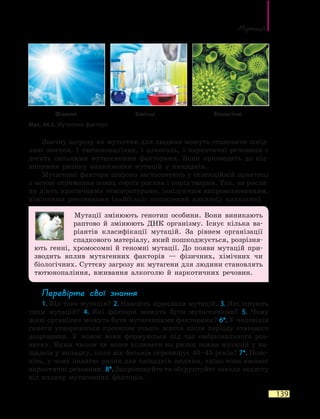 Мутації
139
Значну загрозу як мутагени для людини можуть становити шкід-
ливі звички. І тютюнопаління, і алкоголь, і наркотичні речовини є
досить сильними мутагенними факторами. Вони призводять до під-
вищення ризику виникнення мутацій у нащадків.
Мутагенні фактори широко застосовують у селекційній практиці
з метою отримання нових сортів рослин і порід тварин. Так, на росли-
ни діють критичними температурами, іонізуючим випромінюванням,
хімічними речовинами (найбільш поширений алкалоїд колхіцин).
Мутації змінюють генотип особини. Вони виникають
раптово й змінюють ДНК організму. Існує кілька ва-
ріантів класифікації мутацій. За рівнем організації
спадкового матеріалу, який пошкоджується, розрізня-
ють генні, хромосомні й геномні мутації. До появи мутацій при-
зводить вплив мутагенних факторів — фізичних, хімічних чи
біологічних. Суттєву загрозу як мутагени для людини становлять
тютюнопаління, вживання алкоголю й наркотичних речовин.
Перевірте свої знання
1. Що таке мутація? 2. Наведіть приклади мутацій. 3. Які існують
типи мутацій? 4. Які фактори можуть бути мутагенними? 5. Чому
живі організми можуть бути мутагенними факторами? 6*. У чоловіків
гамети утворюються протягом усього життя після періоду статевого
дозрівання. У жінок вони формуються під час ембріонального роз-
витку. Яким чином це може впливати на ризик появи мутацій у на-
щадків у випадку, коли вік батьків перевищує 40–45 років? 7*. Пояс-
ніть, у чому полягає ризик для нащадків людини, якщо вона вживає
наркотичні речовини. 8*. Запропонуйте та обґрунтуйте заходи захисту
від впливу мутагенних факторів.
Фізичні Хімічні Біологічні
Мал. 34.2. Мутагенні фактори
 
