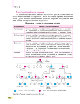 Тема 5
142
Мал. 35.4. Родовід нащадків королеви Вікторії
Генні захворювання людини
За допомогою сучасних методів досліджень уже відкрито близько
5000 молекулярних захворювань, які є наслідком прояву мутантних
генів. Деякі з таких захворювань поки що лікувати не вдається, але
для інших знайдено способи лікування.
Приклади генних захворювань людини
Захворювання Відомості про захворювання
Муковісцидоз Виникає внаслідок пошкодження гена, розташованого на хромосо-
мі 7. Призводить до загущення секретів залоз зовнішньої секреції.
Спричиняє значні порушення в роботі травної та дихальної систем
Фенілкетонурія Виникає внаслідок пошкодження гена, розташованого на хромосо-
мі  12. Призводить до неможливості переробки амінокислоти феніл­
аланіну. За відсутності лікування призводить до ураження нервової
системи
Дальтонізм Виникає внаслідок пошкодження одного з трьох генів, що відпові-
дають за синтез білка опсину, який сприймає відповідний колір. Ген
синього опсину розташований на хромосомі 7, а гени червоного
й зеленого — на  Х-хромосомі. Призводить до втрати можливості
сприймати відповідний колір
Гемофілія Виникає внаслідок пошкодження одного з генів, що відповідають за
процес зсідання крові. Ці гени розташовані на Х-хромосомі. Призво-
дять до порушення процесів зсідання крові
Вікторія
(1819–1901)
Альберт
Вальдемар
Аліса
Гессенська
Ірена
Леопольд,
герцог
Олбані
Беатріса
Генріх
Олексій
Фрідріх
Олександра
Федорівна
Микола ІІ
Романов
Аліса
Атлонська
Вікторія Альфонс
ХІІІ
Леопольд
Моріс
Генріх Руперт,
віконт
Трематон
Альфонс Гонсало
— жінки, носії рецесивного алеля гемофілії— чоловіки, хворі на гемофілію
 