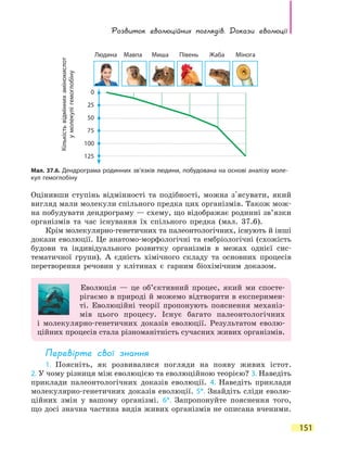 Розвиток еволюційних поглядів. Докази еволюції
151
Оцінивши ступінь відмінності та подібності, можна з'ясувати, який
вигляд мали молекули спільного предка цих організмів. Також мож-
на побудувати дендрограму — схему, що відображає родинні зв’язки
організмів та час існування їх спільного предка (мал. 37.6).
Крім молекулярно-генетичних та палеонтологічних, існують й інші
докази еволюції. Це анатомо-морфологічні та ембріологічні (схожість
будови та індивідуального розвитку організмів в межах однієї сис-
тематичної групи). А єдність хімічного складу та основних процесів
перетворення речовин у клітинах є гарним біохімічним доказом.
Еволюція — це об’єктивний процес, який ми спосте-
рігаємо в природі й можемо відтворити в експеримен-
ті. Еволюційні теорії пропонують пояснення механіз-
мів цього процесу. Існує багато палеонтологічних
і  молекулярно-генетичних доказів еволюції. Результатом еволю-
ційних процесів стала різноманітність сучасних живих організмів.
Перевірте свої знання
1. Поясніть, як розвивалися погляди на появу живих істот.
2. У чому різниця між еволюцією та еволюційною теорією? 3. Наведіть
приклади палеонтологічних доказів еволюції. 4. Наведіть приклади
молекулярно-генетичних доказів еволюції. 5*. Знайдіть сліди еволю-
ційних змін у вашому організмі. 6*. Запропонуйте пояснення того,
що досі значна частина видів живих організмів не описана вченими.
Мал. 37.6. Дендрограма родинних зв’язків людини, побудована на основі аналізу моле-
кул гемоглобіну
Кількістьвідміннихамінокислот
умолекулігемоглобіну
25
0
50
75
100
125
Людина Мавпа Миша Півень Жаба Мінога
 