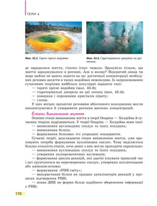 Тема 6
170
де  зародилося життя, гіпотез існує чимало. Зрозуміло тільки, що
життя зароджувалося в розчині. Але в якому? Відкритий океан чи
море майже не мають шансів на це: достатньої концентрації необхід-
них речовин досягти в таких водоймах неможливо. Із запропонованих
сучасними теоріями найбільш популярні варіанти такі:
— гарячі прісні водойми (мал. 43.3);
— гідротермальні джерела на дні океану (мал. 43.4);
— поверхня і порожнини кристалів піриту;
— глини.
У цих місцях органічні речовини абіогенного походження могли
накопичуватися й утворювати розчини високих концентрацій.
Етапи виникнення життя
Основні етапи виникнення життя в теорії Опаріна — Холдейна й су-
часних теоріях відрізняються. У теорії Опаріна — Холдейна вони такі:
— виникнення вуглеводних сполук та їхніх похідних;
— виникнення білків;
— формування білкових тіл усередині коацерватів.
Сучасні теорії, розглядаючи етапи виникнення життя, уже вра-
ховують потребу формування нуклеїнових кислот. Тому виділяється
більша кількість етапів, хоча деякі з них могли проходити паралельно:
— виникнення вуглеводних сполук та їхніх похідних;
— утворення поліароматичних вуглеводів;
— формування циклів реакцій, які здатні існувати тривалий час
і які ґрунтуються на перетвореннях сполук, утворених нуклеотидами
або амінокислотами;
— формування «РНК-світу»;
— використання білків як кращих каталізаторів реакцій у про-
цесах відтворення РНК;
— поява ДНК як форми більш надійного збереження інформації
з РНК;
Мал. 43.3. Гарячі прісні водойми Мал. 43.4. Гідротермальні джерела на дні
океану
 