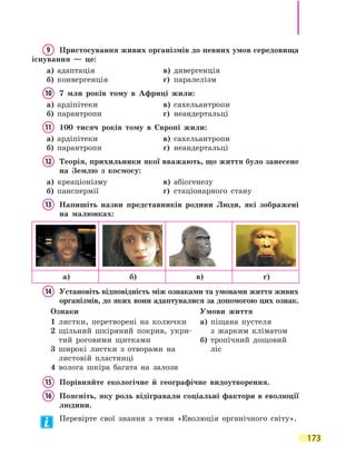 173
9	 Пристосування живих організмів до певних умов середовища
існування — це:
а)	 адаптація	 в)	 дивергенція
б)	 конвергенція	 г)	 паралелізм
10	 7 млн років тому в Африці жили:
а)	 ардіпітеки	 в)	 сахельантропи
б)	 парантропи	 г)	 неандертальці
11	 100 тисяч років тому в Європі жили:
а)	 ардіпітеки	 в)	 сахельантропи
б)	 парантропи	 г)	 неандертальці
12	Теорія, прихильники якої вважають, що життя було занесене
на Землю з космосу:
а)	 креаціонізму	 в)	 абіогенезу
б)	 панспермії	 г)	 стаціонарного стану
13	Напишіть назви представників родини Люди, які зображені
на малюнках:
а) б) в) г)
14	Установіть відповідність між ознаками та умовами життя живих
організмів, до яких вони адаптувалися за допомогою цих ознак.
Ознаки Умови життя
1 листки, перетворені на колючки
2 щільний шкіряний покрив, укри-
тий роговими щитками
3 широкі листки з отворами на
листовій пластинці
4 волога шкіра багата на залози
а) піщана пустеля
з  жар­ким кліматом
б) тропічний дощовий
ліс
15	 Порівняйте екологічне й географічне видоутворення.
16	Поясніть, яку роль відігравали соціальні фактори в еволюції
людини.
Перевірте свої знання з теми «Еволюція органічного світу».
 