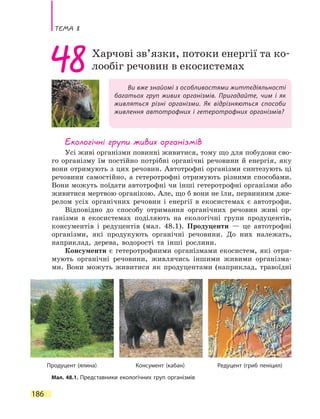 Тема 8
186
Ви вже знайомі з особливостями життєдіяльності
багатьох груп живих організмів. Пригадайте, чим і як
живляться різні організми. Як відрізняються способи
живлення автотрофних і гетеротрофних організмів?
48Харчові зв’язки, потоки енергії та ко-
лообіг речовин в екосистемах
Екологічні групи живих організмів
Усі живі організми повинні живитися, тому що для побудови сво-
го організму їм постійно потрібні органічні речовини й енергія, яку
вони отримують з цих речовин. Автотрофні організми синтезують ці
речовини самостійно, а гетеротрофні отримують різними способами.
Вони можуть поїдати автотрофні чи інші гетеротрофні організми або
живитися мертвою органікою. Але, що б вони не їли, первинним дже-
релом усіх органічних речовин і енергії в екосистемах є автотрофи.
Відповідно до способу отримання органічних речовин живі ор-
ганізми в екосистемах поділяють на екологічні групи продуцентів,
консументів і редуцентів (мал. 48.1). Продуценти — це автотрофні
організми, які продукують органічні речовини. До них належать,
наприклад, дерева, водорості та інші рослини.
Консументи є гетеротрофними організмами екосистем, які отри-
мують органічні речовини, живлячись іншими живими організма-
ми. Вони можуть живитися як продуцентами (наприклад, травоїдні
Мал. 48.1. Представники екологічних груп організмів
Продуцент (ялина) Консумент (кабан) Редуцент (гриб пеніцил)
 