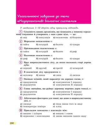 200
У завданнях 1–12 оберіть одну правильну відповідь.
1	 Сукупність живих організмів, що мешкають у певному середо­
вищі існування й утворюють з ним єдине ціле, — це:
а)	 вид	 б)	популяція	 в)	екосистема	 г)	біоценоз
2	 Морською екосистемою є:
а)	 тайга	 б)	естуарій	 в)	болото	 г)	тундра
3	 Прісноводною екосистемою є:
а)	 тайга	 б)	естуарій	 в)	болото	 г)	риф
4	 Наземною екосистемою є:
а)	 риф	 б)	естуарій	 в)	болото	 г)	тундра
5	Ярус широколистяного лісу, до якого належать старі дерева
дуба:
а)	 перший	 б)	другий	 в)	третій	 г)	четвертий
6	 В екосистемі лісу продуцентом є:
а)	 мухомор	 б)	миша	 в)	липа	 г)	лисиця
7	 Опеньок осінній, який паразитує на деревах сосни, є:
а)	 продуцентом	 в)	 консументом І порядку
б)	 редуцентом	 г)	 консументом ІІ порядку
8	 Глива звичайна, що руйнує деревину мертвих дерев тополі, є:
а)	 продуцентом	 в)	 консументом І порядку
б)	 редуцентом	 г)	 консументом ІІ порядку
9	Абіотичним фактором для миші, що живе в широколистяному
лісі, є:
а)	 лисиця	 в)	 інша миша того ж виду
б)	 температура повітря	 г)	 кліщ
10	 Прикладом хижацтва є взаємодія між:
а)	 мишею і кліщем	 в)	 мишею і совою
б)	 мурахами і попелицями	 г)	 двома мишами одного виду
Узагальнюючі завдання до теми
«Надорганізмові біологічні системи»
 