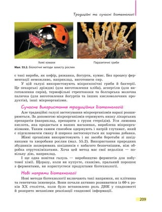Традиційні та сучасні біотехнології
209
є такі вироби, як кефір, ряжанка, йогурти, кумис. Без процесу фер-
ментації неможливо, наприклад, виготовити сир.
У цій галузі використовують мікроскопічні гриби й бактерії.
Це  пекарські дріжджі (для виготовлення хліба), аспергіли (для ви-
готовлення сирів), термофільні стрептококи та болгарська молочна
паличка (для виготовлення йогуртів та інших кисломолочних про-
дуктів), інші мікроорганізми.
Сучасне використання традиційних біотехнологій
Але традиційні галузі застосування мікроорганізмів наразі розши-
рюються. За допомогою мікроорганізмів отримують низку лікарських
препаратів (наприклад, препарати з групи стероїдів). Уся лимонна
кислота, яка продається в наших магазинах, вироблена мікроорга-
нізмами. Таким самим способом одержують і натрій глутамат, який
є підсилювачем смаку й широко застосовується як харчова добавка.
Живі організми використовують і як засоби боротьби зі шкід-
никами та хворобами рослин (мал. 55.2). Використання природних
збудників захворювань шкідників є набагато безпечнішим, ніж об-
робка отрутохімікатами. Хоча цей метод має свої недоліки — по-
вільну дію, наприклад.
І ще одна новітня галузь — виробництво ферментів для побу-
тової хімії. Щоразу, коли ви купуєте, скажімо, пральний порошок
з  ферментами, ви користуєтеся продуктами біотехнології.
Нові напрями біотехнології
Нові методи біотехнології включають такі напрямки, як клітинна
та генетична інженерія. Вони почали активно розвиватися із 60-х ро-
ків ХХ століття, коли було встановлено роль ДНК у спадковості
й  розкрито механізми реалізації спадкової інформації.
Мал. 55.2. Біологічні методи захисту рослин
Хижі комахи Паразитичні гриби
 