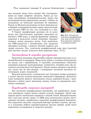 Роль генетичної інженерії в сучасних біотехнологіях і медицині
215
цих речовин може бути прямої або опосередко-
ваної дії через трофічні ланцюги. Однак до сьо-
годні достовірних експериментальних даних про
негативний вплив трансгенних рослин, стійких до
шкідників, на нецільові організми не отримано.
Також за 30 років досліджень не було виявлено до-
стовірних експериментальних даних щодо негатив-
ного впливу ГМО на тих, хто споживав їх у їжу.
У Європі модифіковані рослини сої та куку-
рудзи для виготовлення харчових продуктів до-
зволено з 1997 року, а харчові ферменти, добавки,
одержані в результаті генної інженерії, викорис-
товують понад двадцять років. Слід відмітити,
що ГМО-продукти є дешевшими, ніж продукти
звичайної селекції, і можуть містити корисні для
людей сполуки. Так, генетично модифікований сорт рису (золотий
рис) містить значну кількість бета-каротину (мал. 57.1).
Застосування в наукових дослідженнях
Генетична інженерія надзвичайно широко використовується в су-
часній біології та медицині. Вона стала одним з головних інструментів
як науки, так і виробництва. У наукових дослідженнях генетична
інженерія дозволяє цілеспрямовано «вимикати» потрібні гени. Це до-
помагає досліджувати їхні функції. Також можна вводити в організм
ген, якого він не мав раніше, і попередньо тестувати наслідки за-
стосування нових технологій.
Важливі результати з допомогою цієї методики можна отримати
в  галузі аналізу шляхів реалізації генетичної інформації. Більшість
генів еукаріотів можуть синтезувати кілька варіантів білків, і розі-
братися в  роботі цього механізму можна тільки за допомогою гене-
тичної інженерії.
Виробництво лікарських препаратів
Без генетично модифікованих організмів, які виробляють лікар-
ські препарати, наразі важко уявити сучасну медицину. Деякі пре-
парати просто неможливо отримати в інший спосіб. Використовують
такі ліки вже досить давно. З 1982 року розпочалося масове засто-
сування інсуліну, виробленого генетично модифікованою бактерією.
Ген людського інсуліну згадуваній бактерії дістався штучно. До цьо-
го в лікуванні діабету використовували інсулін свиней, який часто
спричиняв ускладнення й алергічні реакції.
Мал. 57.1. Золотий рис
(генетично модифікований
сорт, який містить багато
бета-каротину) порівняно
зі звичайним рисом
 