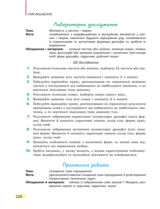228
Узагальнення
Лабораторне дослідження
Тема.	 Мінливість у рослин і тварин
Мета:	 ознайомитися з модифікаційною й мутаційною мінливістю у рос-
лин і тварин, навчитися будувати варіаційний ряд, ознайомитися
із  нормальними та мутантними формами дрозофіл та зробити їх
порівняння.
Обладнання і матеріали:	 колекції листків або хвоїнок, колекція комах, лінійка,
лупи, фотографії або малюнки нормальних і мутантних (три-чотири
лінії) форм дрозофіл, підручник, робочий зошит.
Хід дослідження
	1.	 Розгляньте колекцію листків або хвоїнок, відберіть 15 листків або хво­
їнок.
	2.	 Виміряйте довжину всіх листків (хвоїнок) і запишіть її в зошиті.
	3.	 Побудуйте варіаційну криву, розташувавши по горизонталі виміряні
листки в послідовності від найменшого до найбільшого значення, а по
вертикалі відклавши їхню довжину.
	4.	 Розгляньте колекцію комах, відберіть комах одного виду.
	5.	 Виміряйте довжину тіла всіх комах і запишіть її в зошиті.
	6.	 Побудуйте варіаційну криву, розташувавши по горизонталі результати
вимірювань комах у послідовності від найменшого до найбільшого зна-
чення, а по вертикалі відклавши їхню довжину тіла.
	7.	 Розгляньте зображення нормальних екземплярів дрозофіл (дика фор-
ма). Визначте й запишіть характерні ознаки: колір тіла, форму крил,
колір очей.
	8.	 Розгляньте зображення мутантних екземплярів дрозофіл (усіх наяв-
них форм). Визначте й запишіть характерні ознаки: колір тіла, форму
крил, колір очей.
	9.	 Запишіть особливості кожної з мутантних форм, за якими вона від-
різняється від нормальних особин.
	10.	 Зробіть висновок, у якому вкажіть, з якими характерними особливос-
тями модифікаційної та мутаційної мінливості ви ознайомилися.
Практична робота
Тема.	 Складання схем схрещування
Мета:	 удосконалити навички складання схем схрещування й розв’язування
елементарних генетичних задач.
Обладнання й матеріали:	 таблиці із зображенням схем законів Г. Менделя, роз-
давальні картки із задачами, підручник, зошит.
 