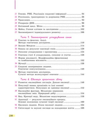 238
21	 Геноми. РНК. Реалізація спадкової інформації..................... 84
22	 Реплікація, транскрипція та  дозрівання РНК....................... 88
23	 Трансляція......................................................................... 92
24	 Репарація ДНК................................................................... 96
25	 Клітинний цикл. Мітоз....................................................... 98
26	 Мейоз. Статеві клітини та  запліднення...............................102
27	 Закономірності індивідуального  розвитку............................106
Тема 5. Закономірності успадкування ознак
28	Генотип та фенотип. Алелі.
Методи  генетичних досліджень...........................................110
29	 Закони Менделя................................................................114
30	 Ознака як результат взаємодії генів....................................120
31	 Зчеплене успадкування і кросинговер.................................124
32	 Генетика статі й успадкування, зчеплене зі статтю..............128
33	Форми мінливості. Модифікаційна  (фенотипова)
та  комбінативна мінливість................................................132
34	 Мутації.............................................................................136
35	Спадкові захворювання людини.
Генетичне консультування..................................................140
36	Методи генетичних досліджень.
Сучасні методи молекулярної генетики...............................144
Тема 6. Еволюція органічного світу
37	 Розвиток еволюційних поглядів. Докази еволюції................148
38	Популяції живих організмів та  їхні основні
характеристики. Популяція  як одиниця еволюції................152
39	Еволюційні фактори. Механізми первинних
еволюційних змін. Природний добір...................................154
40	 Вид. Критерії виду. Механізми  видоутворення.....................158
41	Адаптації — результат еволюційного процесу.
Основні положення сучасної теорії еволюції........................160
42	 Еволюція людини. Етапи  еволюції  людини..........................164
43	 Світоглядні та наукові погляди на  походження життя.........168
 
