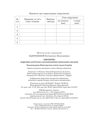 Н а в ч а л ь н е в и д а н н я
ЗАДОРОЖНИЙ Костянтин Миколайович
«БІОЛОГІЯ»
підручник для 9 класу загальноосвітніх навчальних закладів
Рекомендовано Міністерством освіти і науки України
Видано за рахунок державних коштів. Продаж заборонено
Редактор І. Г. Шахова. Технічний редактор А. В. Пліско.
Комп’ютерна верстка А. О. Цибань. Коректор Н. В. Красна.
Художник О. С. Юхтман. Художнє оформлення В. І. Труфен.
В оформленні підручника використані зображення,
розміщені в мережі Інтернет для вільного використання
Підписано до друку 30.06.2017. Формат 70×90/16.
Папір офсетний. Гарнітура Шкільна. Друк офсетний.
Ум. друк. арк. 17,55. Обл.-вид. арк. 22,82. Тираж 85478. прим. Зам. № 54-07.
ТОВ Видавництво «Ранок»,
вул. Кібальчича, 27, к. 135, Харків, 61071.
Свідоцтво суб’єкта видавничої справи ДК № 5215 від 22.09.2016.
Адреса редакції: вул. Космічна, 21а, Харків, 61145.
E-mail: office@ranok.com.ua. Тел. (057) 701-11-22, тел./факс (057) 719-58-67.
Відомості про користування підручником
№
з/п
Прізвище та ім’я
учня / учениці
Навчаль-
ний рік
Стан підручника
на початку
року
в кінці
року
1
2
3
4
5
Надруковано у друкарні ТОВ «ТРІАДА-ПАК»,
пров. Сімферопольський, 6, Харків, 61052.
Свідоцтво суб’єкта видавничої справи ДК № 5340 від 15.05.2017.
Тел. +38 (057) 703-12-21. Е-mail: sale@triada.kharkov.ua
 