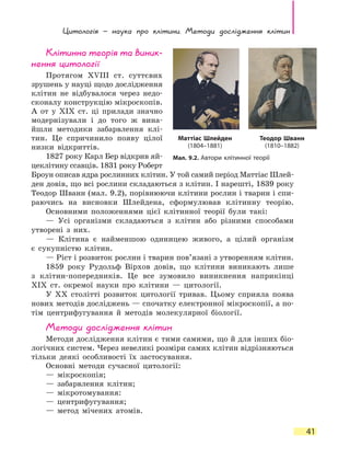 Цитологія — наука про клітини. Методи дослідження клітин
41
Клітинна теорія та виник-
нення цитології
Протягом XVIII ст. суттєвих
зрушень у науці щодо дослідження
клітин не відбувалося через недо-
сконалу конструкцію мікроскопів.
А  от у XIX ст. ці прилади значно
модернізували і до того ж вина-
йшли методики забарвлення клі-
тин. Це спричинило появу цілої
низки відкриттів.
1827 року Карл Бер відкрив яй-
цеклітину ссавців. 1831 року Роберт
Броун описав ядра рослинних клітин. У той самий період Маттіас Шлей-
ден довів, що всі рослини складаються з клітин. І нарешті, 1839 року
Теодор Шванн (мал. 9.2), порівнюючи клітини рослин і тварин і спи-
раючись на висновки Шлейдена, сформулював клітинну теорію.
Основними положеннями цієї клітинної теорії були такі:
— Усі організми складаються з клітин або різними способами
утворені з них.
— Клітина є найменшою одиницею живого, а цілий організм
є  сукупністю клітин.
— Ріст і розвиток рослин і тварин пов’язані з утворенням клітин.
1859 року Рудольф Вірхов довів, що клітини виникають лише
з  клітин-попередників. Це все зумовило виникнення наприкінці
XIX  ст. окремої науки про клітини — цитології.
У XX столітті розвиток цитології тривав. Цьому сприяла поява
нових методів досліджень — спочатку електронної мікроскопії, а по-
тім центрифугування й методів молекулярної біології.
Методи дослідження клітин
Методи дослідження клітин є тими самими, що й для інших біо-
логічних систем. Через невеликі розміри самих клітин відрізняються
тільки деякі особливості їх застосування.
Основні методи сучасної цитології:
— мікроскопія;
— забарвлення клітин;
— мікротомування:
— центрифугування;
— метод мічених атомів.
Мал. 9.2. Автори клітинної теорії
Маттіас Шлейден
(1804–1881)
Теодор Шванн
(1810–1882)
 