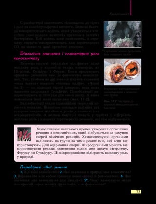 Хемосинтез
73
Сіркобактерії окиснюють сірководень до сірки
і далі до солей сульфатної кислоти. Водневі бакте-
рії використовують водень, який утворюється вна-
слідок розкладання залишків організмів іншими
бактеріями. Цей водень вони окиснюють, а отри-
ману енергію використовують для перетворення
CO2
на метан та інші органічні сполуки.
Біологічне значення і планетарна роль
хемосинтезу
Хемосинтезуючі організми відіграють дуже
важливу роль у колообігу таких елементів, як
Нітроген, Сульфур і Ферум. Вони продукують
органічні речовини там, де фотосинтез неможли-
вий. Так, глибоко на дні океанів існують справжні
«оази життя» навколо «чорних паліїв». «Чорні
палії» — це підводні гарячі джерела, вода яких
насичена сполуками Сульфуру. Сіркобактерії ви-
користовують ці сполуки для свого росту. А ними
живляться інші живі організми (мал. 17.2).
Залізобактерії стали справжніми творцями ко-
рисних копалин. Більшість покладів залізних руд
створено завдяки мільйонам років діяльності цих
мікроорганізмів. А водневі бактерії живуть у ґрунтах і відіграють
важливу роль у процесах перетворення речовин, які там відбуваються.
Хемосинтезом називають процес утворення органічних
речовин з неорганічних, який відбувається за рахунок
енергії хімічних реакцій. Хемосинтезуючі організми
поділяють на групи за тими реакціями, які вони ви-
користовують. Для одержання енергії мікроорганізми можуть ви-
користовувати реакції окиснення водню або сполук Нітрогену,
Феруму чи Сульфуру. Ці мікроорганізми відіграють важливу роль
у природі.
Перевірте свої знання
1. Що таке хемосинтез? 2. Яке значення в природі має хемосинтез?
3. Порівняйте між собою процеси хемосинтезу й фотосинтезу. 4. Яке
значення має хемосинтез для людини? 5*. Чому хемосинтез менш
поширений серед живих організмів, ніж фотосинтез?
Скупчення живих організмів
біля «чорного палія»
Результати життєдіяльності
залізобактерій у водогон-
них трубах
Мал. 17.2. Наслідки ді-
яльності хемосинтезуючих
бактерій
 