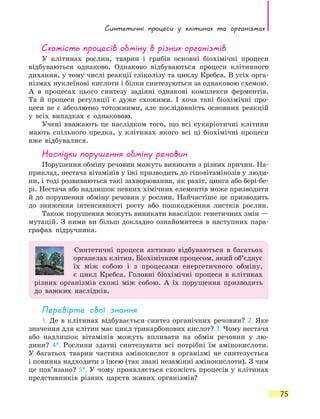Синтетичні процеси у клітинах та орга­нізмах
75
Схожість процесів обміну в різних організмів
У клітинах рослин, тварин і грибів основні біохімічні процеси
відбуваються однаково. Однаково відбуваються процеси клітинного
дихання, у тому числі реакції гліколізу та циклу Кребса. В усіх орга-
нізмах нуклеїнові кислоти і білки синтезуються за однаковою схемою.
А в процесах цього синтезу задіяні однакові комплекси ферментів.
Та й процеси регуляції є дуже схожими. І хоча такі біохімічні про-
цеси не є  абсолютно тотожними, але послідовність основних реакцій
у всіх випадках є однаковою.
Учені вважають це наслідком того, що всі еукаріотичні клітини
мають спільного предка, у клітинах якого всі ці біохімічні процеси
вже відбувалися.
Наслідки порушення обміну речовин
Порушення обміну речовин можуть виникати з різних причин. На-
приклад, нестача вітамінів у їжі призводить до гіповітамінозів у люди-
ни, і тоді розвиваються такі захворювання, як рахіт, цинга або бері-бе-
рі. Нестача або надлишок певних хімічних елементів може призводити
й до порушення обміну речовин у рослин. Найчастіше це призводить
до зниження інтенсивності росту або пошкодження листків рослин.
Також порушення можуть виникати внаслідок генетичних змін —
мутацій. З ними ви більш докладно ознайомитеся в наступних пара-
графах підручника.
Синтетичні процеси активно відбуваються в багатьох
органелах клітин. Біохімічним процесом, який об’єднує
їх між собою і з процесами енергетичного обміну,
є  цикл Кребса. Головні біохімічні процеси в клітинах
різних організмів схожі між собою. А їх порушення призводить
до важких наслідків.
Перевірте свої знання
1. Де в клітинах відбувається синтез органічних речовин? 2. Яке
значення для клітин має цикл трикарбонових кислот? 3. Чому нестача
або надлишок вітамінів можуть впливати на обмін речовин у  лю-
дини? 4*. Рослини здатні синтезувати всі потрібні їм амінокислоти.
У  багатьох тварин частина амінокислот в організмі не синтезується
і повинна надходити з їжею (так звані незамінні амінокислоти). З чим
це пов’язано? 5*. У чому проявляється схожість процесів у клітинах
представників різних царств живих організмів?
 