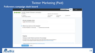 14
Twitter Marketing (Paid)
Followers campaign dash board
 