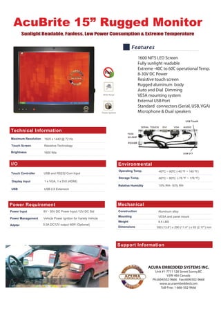 Technical Information
I/O
Maximum Resolution
Touch Screen
Brightness
1920 x 1440 @ 72 Hz
Resistive Technology
1600 Nits
Touch Controller USB and RS232 Com Input
Power Requirement
Power Input
Power Management
Adpter
8V - 30V DC Power Input /12V DC Std
Vehicle Power Ignition for Variety Vehicle
5.0A DC12V output 60W (Optional)
Mechanical
Construction
Mounting
Weight
Dimensions
Aluminum alloy
VESA and panel mount
8.5 LBS
350 (13.8”) x 290 (11.4” ) x 55 (2.17”) mm
Support Information
AcuBrite 15” Rugged Monitor
Sunlight Readable, Fanless, Low Power Consumption & Extreme Temperature
Features
Environmental
Operating Temp.
Storage Temp.
Relative Humidity
-40ºC ~ 60ºC (-40 ºF ~ 140 ºF)
-60ºC ~ 80ºC
10% RH– 93% RH
Power Ignition
Wide Range
ACURA EMBEDDED SYSTEMS INC.
Unit #1-7711 128 Street Surrey.BC
V3W 4E6 Canada
Ph:(604)502-9666 Fax:(604)502-9668
www.acuraembedded.com
Toll-Free: 1-866-502-9666
(-76 ºF ~ 176 ºF)
1600 NITS LED Screen
Fully sunlight readable
Extreme -40C to 60C operational Temp.
8-30V DC Power
Resistive touch screen
Rugged aluminum body
Auto and Dial Dimming
VESA mounting system
External USB Port
Standard connectors (Serial, USB, VGA)
Microphone & Dual speakers
Display Input 1 x VGA, 1 x DVI (HDMI)
USB USB 2.0 Extension
 