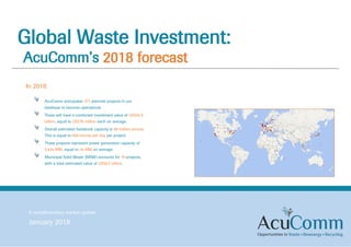 Global Waste Investment:
AcuComm’s 2018 forecast
A complimentary market update
January 2018
In 2018:
AcuComm anticipates 373 planned projects in our
database to become operational.
These will have a combined investment value of US$24.9
billion, equal to US$78 million each on average.
Overall estimated feedstock capacity is 66 million tonnes.
This is equal to 646 tonnes per day per project.
These projects represent power generation capacity of
5,434 MW, equal to 24 MW on average.
Municipal Solid Waste (MSW) accounts for 76 projects,
with a total estimated value of US$6.2 billion.
 