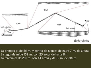 La primera es de 65 m. y consta de 6 arcos de hasta 7 m. de altura.
La segunda mide 159 m. con 25 arcos de hasta 8m.
La tercera es de 281 m. con 44 arcos y de 12 m. de altura.
 