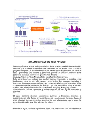 CARACTERÍSTICAS DEL AGUA POTABLE
Nuestro país tiene al este un importante litoral marítimo sobre el Océano Atlántico,
mientras que al oeste se encuentra la cordillera de los Andes. Esta condición
geográfica impone un escurrimiento natural de las aguas superficiales de oeste a
este, generando una cuenta o pendiente general al Océano Atlántico. Está
pendiente es la que recorren los grandes ríos (Paraná
Uruguay, Río de la Plata, Negro, etc.) y sus afluentes hacia el mar.
Esta generalidad no excluye que existan cuentas interiores, o cerradas, mas
localizadas, pero no por ello menos importantes. Las cuencas cerradas o
interiores, tienen como característica más común su relativa poca extensión, si las
comparamos con la pendiente del Atlántico, ya que esta última abarca no solo
nuestro país, sino países limítrofes como Brasil, Uruguay, Paraguay y Bolivia.
Características físicas, químicas y bacteriológicas de las aguas naturales y
potables
El agua contiene diversas substancias químicas y biológicas disueltas o
suspendidas en ella. Desde el momento que se condensa en forma de lluvia, el
agua disuelve los componentes químicos de sus alrededores, corre sobre la
superficie del suelo y se filtra a través del mismo.
Además el agua contiene organismos vivos que reaccionan con sus elementos
 