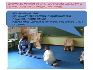SEPARAMOS LAS MONTAÑAS BASTANTE. ¿CÓMO PODEMOS LLEVAR AHORA EL
AGUA? (NO DAMOS MAS MATERIAL, SOLO MAS CANALES)
- NECESITAMOS MAS TUBOS
- LOS ENCAJAMOS PERO SE ROMPEN, LOS PEGAMOS CON CELO,
PEGAMENTO..., PERO NO TENEMOS
- PONEMOS NIÑOS SUJETANDO. TU POR UN LADO Y LOS NIÑOS POR OTRO Y
EN EL MEDIO
 