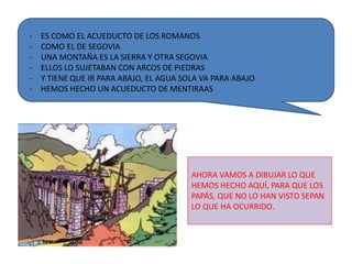 - ES COMO EL ACUEDUCTO DE LOS ROMANOS
- COMO EL DE SEGOVIA
- UNA MONTAÑA ES LA SIERRA Y OTRA SEGOVIA
- ELLOS LO SUJETABAN CON ARCOS DE PIEDRAS
- Y TIENE QUE IR PARA ABAJO, EL AGUA SOLA VA PARA ABAJO
- HEMOS HECHO UN ACUEDUCTO DE MENTIRAAS
AHORA VAMOS A DIBUJAR LO QUE
HEMOS HECHO AQUÍ, PARA QUE LOS
PAPÁS, QUE NO LO HAN VISTO SEPAN
LO QUE HA OCURRIDO.
 