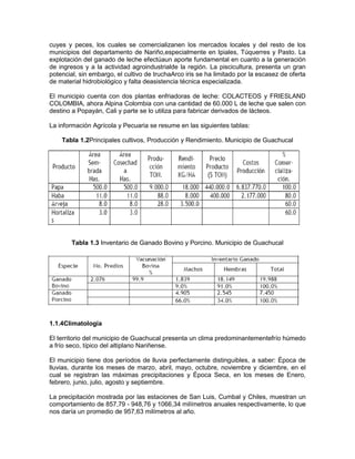 cuyes y peces, los cuales se comercializanen los mercados locales y del resto de los
municipios del departamento de Nariño,especialmente en Ipiales, Túquerres y Pasto. La
explotación del ganado de leche efectúaun aporte fundamental en cuanto a la generación
de ingresos y a la actividad agroindustrialde la región. La piscicultura, presenta un gran
potencial, sin embargo, el cultivo de truchaArco iris se ha limitado por la escasez de oferta
de material hidrobiológico y falta deasistencia técnica especializada.
El municipio cuenta con dos plantas enfriadoras de leche: COLACTEOS y FRIESLAND
COLOMBIA, ahora Alpina Colombia con una cantidad de 60.000 L de leche que salen con
destino a Popayán, Cali y parte se lo utiliza para fabricar derivados de lácteos.
La información Agrícola y Pecuaria se resume en las siguientes tablas:
Tabla 1.2Principales cultivos, Producción y Rendimiento. Municipio de Guachucal
Tabla 1.3 Inventario de Ganado Bovino y Porcino. Municipio de Guachucal
1.1.4Climatología
El territorio del municipio de Guachucal presenta un clima predominantementefrío húmedo
a frío seco, típico del altiplano Nariñense.
El municipio tiene dos períodos de lluvia perfectamente distinguibles, a saber: Época de
lluvias, durante los meses de marzo, abril, mayo, octubre, noviembre y diciembre, en el
cual se registran las máximas precipitaciones y Época Seca, en los meses de Enero,
febrero, junio, julio, agosto y septiembre.
La precipitación mostrada por las estaciones de San Luis, Cumbal y Chiles, muestran un
comportamiento de 857,79 - 948,76 y 1066,34 milímetros anuales respectivamente, lo que
nos daría un promedio de 957,63 milímetros al año.
 
