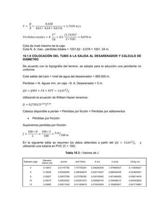 Cota de nivel máximo de la caja:
Cota N. A. max - pérdidas totales = 1001,62 - 0,078 = 1001, 54 m.
10.1.9 COLOCACIÓN DEL TUBO A LA SALIDA AL DESARENADOR Y CÁLCULO DE
DIÁMETRO
De acuerdo con la topografía del terreno, se adopta para la aducción una pendiente no
uniforme.
Cota salida del tubo = nivel de agua del desarenador = 995,500 m.
Perdidas = N. Aguas mín. en caja - N. A. Desarenador = 5 m.
Utilizando la ecuación de William Hazen tenemos:
Cabeza disponible a perder = Pérdidas por ficción + Pérdidas por aditamentos
Pérdidas por fricción:
Suponemos perdidas por fricción:
En la siguiente tabla se resumen los datos obtenidos a partir del y
utilizando una tubería en PVC (C = 150)
Tabla 10.3 - Valores de J
Diámetro (plg)
Diámetro
interno (m)
J(m/m) J(m/100m) A (m) V (m/s) V2/2g (m)
4 0,10872 0,01747782 1,747782281 0,009283436 1,474669437 0,110838427
6 0,16004 0,00266365 0,266364876 0,020116247 0,680544426 0,023605541
8 0,20837 0,00073766 0,073766352 0,034100462 0,401460835 0,008214618
10 0,25973 0,00025252 0,025251872 0,052982703 0,258386212 0,003402825
12 0,30805 0,00011009 0,011009419 0,074530204 0,183683921 0,001719663
 