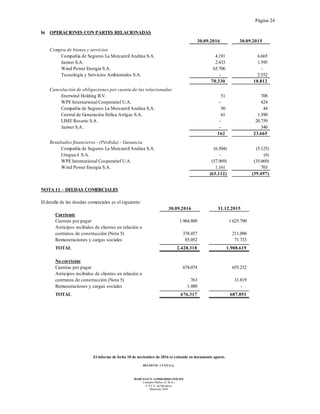 Página 24
El informe de fecha 10 de noviembre de 2016 se extiende en documento aparte.
DELOITTE CUYO S.A.
MARCELO N. LOMBARDO (SOCIO)
Contador Público (U.B.A.)
C.P.C.E. de Mendoza
Matrícula 7649
b) OPERACIONES CON PARTES RELACIONADAS
30.09.2016 30.09.2015
Compra de bienes y servicios
Compañía de Seguros La Mercantil Andina S.A. 4.191 6.665
Jazwer S.A. 2.433 1.595
Wind Power Energia S.A. 63.706 -
Tecnología y Servicios Ambientales S.A. - 2.552
70.330 10.812
Cancelación de obligaciones por cuenta de las relacionadas
Enerwind Holding B.V. 51 708
WPE International Cooperatief U.A. - 424
Compañía de Seguros La Mercantil Andina S.A. 50 44
Central de Generación Eólica Artigas S.A. 61 1.390
LIMERosario S.A. - 20.759
Jazwer S.A. - 340
162 23.665
Resultados financieros - (Pérdida) - Ganancia
Compañía de Seguros La Mercantil Andina S.A. (6.304) (5.125)
Urugua-I S.A. - (6)
WPE International Cooperatief U.A. (57.969) (35.069)
Wind Power Energia S.A. 1.161 703
(63.112) (39.497)
NOTA 11 – DEUDAS COMERCIALES
El detalle de las deudas comerciales es el siguiente:
30.09.2016 31.12.2015
Corriente
Cuentas por pagar 1.964.809 1.625.790
Anticipos recibidos de clientes en relación a
contratos de construcción (Nota 5) 378.457 211.096
Remuneraciones y cargas sociales 85.052 71.733
TOTAL 2.428.318 1.908.619
No corriente
Cuentas por pagar 674.074 655.232
Anticipos recibidos de clientes en relación a
contratos de construcción (Nota 5) 763 31.819
Remuneraciones y cargas sociales 1.480 -
TOTAL 676.317 687.051
 