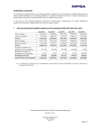 El informe de fecha 10 de noviembre de 2016 se extiende en documento aparte.
DELOITTE CUYO S.A.
MARCELO N. LOMBARDO (SOCIO)
Contador Público (U.B.A.)
C.P.C.E. de Mendoza
Matrícula 7649
Página 11
Productividad y organización
Por encontrarse la compañía inmersa en un mercado altamente competitivo y en pos de mejorar la productividad industrial y
ganar competitividad dentro de un mercado globalizado, se continúan realizando inversiones en recursos tecnológicos que
permitan lograr una mejora de nuestros productos tanto en calidad como en costos.
A tales fines se han realizado importantes inversiones en infraestructura, modernización de recursos informáticos,
capacitación del personal e implementación de sistemas de mejora continua.
2. Estructura patrimonial consolidada comparativa al 30 de septiembre de 2016, 2015, 2014, 2013 y 2012.
Sept 2016 Sept 2015 Sept 2014 Sept 2013 Sept 2012
Activo corriente 6.676.371 4.350.481 7.047.214 5.854.677 4.843.128
Activo no corriente 7.551.875 5.908.951 1.974.351 5.209.141 3.618.452
TOTAL 14.228.246 10.259.432 9.021.565 11.063.818 8.461.580
Pasivo corriente 10.211.135 6.621.763 5.786.033 4.089.625 3.507.753
Pasivo no corriente 3.791.629 3.349.211 2.428.061 6.023.934 4.257.995
TOTAL 14.002.764 9.970.974 8.214.094 10.113.559 7.765.748
Patrimonio atribuíble a los
propietarios de la controladora 171.551 250.595 767.352 912.344 31.939
Patrimonio atribuíble a la
participación no controladora 53.931 37.863 40.119 37.915 663.893
Patrimonio neto total 225.482 288.458 807.471 950.259 695.832
Total de Pasivo más Patrimonio
neto total
14.228.246 10.259.432 9.021.565 11.063.818 8.461.580
(a) La información es presentada sin el correspondiente reconocimiento del Ajuste de Resultados de Ejercicios Anteriores por
considerarse impracticable.
 