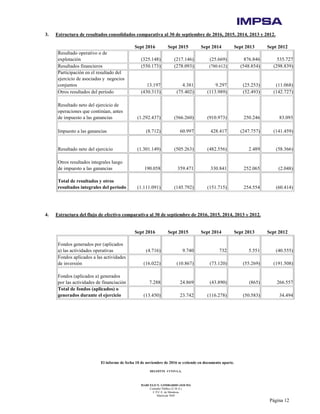 El informe de fecha 10 de noviembre de 2016 se extiende en documento aparte.
DELOITTE CUYO S.A.
MARCELO N. LOMBARDO (SOCIO)
Contador Público (U.B.A.)
C.P.C.E. de Mendoza
Matrícula 7649
Página 12
3. Estructura de resultados consolidados comparativa al 30 de septiembre de 2016, 2015, 2014, 2013 y 2012.
Sept 2016 Sept 2015 Sept 2014 Sept 2013 Sept 2012
Resultado operativo o de
explotación (325.148) (217.146) (25.669) 876.846 535.727
Resultados financieros (550.173) (278.093) (780.612) (548.854) (298.839)
Participación en el resultado del
ejercicio de asociadas y negocios
conjuntos 13.197 4.381 9.297 (25.253) (11.068)
Otros resultados del período (430.313) (75.402) (113.989) (52.493) (142.727)
Resultado neto del ejercicio de
operaciones que continúan, antes
de impuesto a las ganancias (1.292.437) (566.260) (910.973) 250.246 83.093
Impuesto a las ganancias (8.712) 60.997 428.417 (247.757) (141.459)
Resultado neto del ejercicio (1.301.149) (505.263) (482.556) 2.489 (58.366)
Otros resultados integrales luego
de impuesto a las ganancias 190.058 359.471 330.841 252.065 (2.048)
Total de resultados y otros
resultados integrales del período (1.111.091) (145.792) (151.715) 254.554 (60.414)
4. Estructura del flujo de efectivo comparativa al 30 de septiembre de 2016, 2015, 2014, 2013 y 2012.
Sept 2016 Sept 2015 Sept 2014 Sept 2013 Sept 2012
Fondos generados por (aplicados
a) las actividades operativas (4.716) 9.740 732 5.551 (40.555)
Fondos aplicados a las actividades
de inversión (16.022) (10.867) (73.120) (55.269) (191.508)
Fondos (aplicados a) generados
por las actividades de financiación 7.288 24.869 (43.890) (865) 266.557
Total de fondos (aplicados) o
generados durante el ejercicio (13.450) 23.742 (116.278) (50.583) 34.494
 