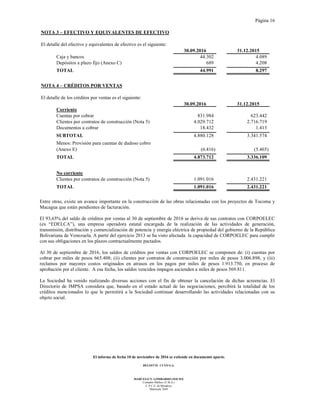 Página 16
El informe de fecha 10 de noviembre de 2016 se extiende en documento aparte.
DELOITTE CUYO S.A.
MARCELO N. LOMBARDO (SOCIO)
Contador Público (U.B.A.)
C.P.C.E. de Mendoza
Matrícula 7649
NOTA 3 – EFECTIVO Y EQUIVALENTES DE EFECTIVO
El detalle del efectivo y equivalentes de efectivo es el siguiente:
30.09.2016 31.12.2015
Caja y bancos 44.302 4.089
Depósitos a plazo fijo (Anexo C) 689 4.208
TOTAL 44.991 8.297
NOTA 4 – CRÉDITOS POR VENTAS
El detalle de los créditos por ventas es el siguiente:
30.09.2016 31.12.2015
Corriente
Cuentas por cobrar 831.984 623.442
Clientes por contratos de construcción (Nota 5) 4.029.712 2.716.719
Documentos a cobrar 18.432 1.413
SUBTOTAL 4.880.128 3.341.574
Menos: Provisión para cuentas de dudoso cobro
(Anexo E) (6.416) (5.465)
TOTAL 4.873.712 3.336.109
No corriente
Clientes por contratos de construcción (Nota 5) 1.091.016 2.431.221
TOTAL 1.091.016 2.431.221
Entre otras, existe un avance importante en la construcción de las obras relacionadas con los proyectos de Tocoma y
Macagua que están pendientes de facturación.
El 93,65% del saldo de créditos por ventas al 30 de septiembre de 2016 se deriva de sus contratos con CORPOELEC
(ex “EDELCA”), una empresa operadora estatal encargada de la realización de las actividades de generación,
transmisión, distribución y comercialización de potencia y energía eléctrica de propiedad del gobierno de la República
Bolivariana de Venezuela. A partir del ejercicio 2013 se ha visto afectada la capacidad de CORPOELEC para cumplir
con sus obligaciones en los plazos contractualmente pactados.
Al 30 de septiembre de 2016, los saldos de créditos por ventas con CORPOELEC se componen de: (i) cuentas por
cobrar por miles de pesos 665.408; (ii) clientes por contratos de construcción por miles de pesos 3.006.898; y (iii)
reclamos por mayores costos originados en atrasos en los pagos por miles de pesos 1.913.750, en proceso de
aprobación por el cliente. A esa fecha, los saldos vencidos impagos ascienden a miles de pesos 569.811.
La Sociedad ha venido realizando diversas acciones con el fin de obtener la cancelación de dichas acreencias. El
Directorio de IMPSA considera que, basado en el estado actual de las negociaciones, percibirá la totalidad de los
créditos mencionados lo que le permitirá a la Sociedad continuar desarrollando las actividades relacionadas con su
objeto social.
 