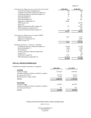 Página 22
El informe de fecha 10 de noviembre de 2016 se extiende en documento aparte.
DELOITTE CUYO S.A.
MARCELO N. LOMBARDO (SOCIO)
Contador Público (U.B.A.)
C.P.C.E. de Mendoza
Matrícula 7649
Cancelación de obligaciones por cuenta de las relacionadas 30.09.2016 30.09.2015
Central Eólica Pampa de Malaspina S.A. 254 638
Compañía Constructora de Bienes de Capital S.A. 22 51
Compañía de Seguros La Mercantil Andina S.A. 50 44
Enerwind Holding B.V. 51 708
Enerwind Holding C.V. - 67
Eólica Koluel Kayke S.A. 558 456
Ingeniería y Computación S.A. 18.698 -
LIME Rosario S.A. - 20.759
Jazwer S.A. - 340
IMPSA Energías Renovables Uruguay S.A. 83 19.244
WPE International Cooperatief U.A. - 424
Central de Generación Eólica Artigas S.A. 61 1.390
19.777 44.121
Cancelación de obligaciones por cuenta de IMPSA
IMPSA International Inc. 3.357 9.723
Ingeniería y Computación S.A. - 6.898
IMPSA Caribe C.A. - 179.147
3.357 195.768
Resultados financieros - Ganancias - (Pérdidas)
Compañía de Seguros La Mercantil Andina S.A. (6.304) (5.125)
Enerwind Holding C.V. (958) (796)
ICSA do Brasil 7.176 4.093
Inverall Construçoes e Bens de Capital Ltda. 1.358 812
Urugua-I S.A. - (6)
Wind Power Energia S.A. 1.161 703
WPE International Cooperatief U.A. (57.969) (35.069)
(55.536) (35.388)
NOTA 10 – DEUDAS COMERCIALES
El detalle de las deudas comerciales es el siguiente:
30.09.2016 31.12.2015
Corriente
Cuentas por pagar 1.762.623 1.502.282
Anticipos recibidos de clientes en relación a contratos
de construcción (Nota 5) 373.720 197.817
Remuneraciones y cargas sociales 70.176 59.379
TOTAL 2.206.519 1.759.478
No corriente
Cuentas por pagar 674.073 655.232
Anticipos recibidos de clientes en relación a contratos
de construcción (Nota 5) 763 687
TOTAL 674.836 655.919
 