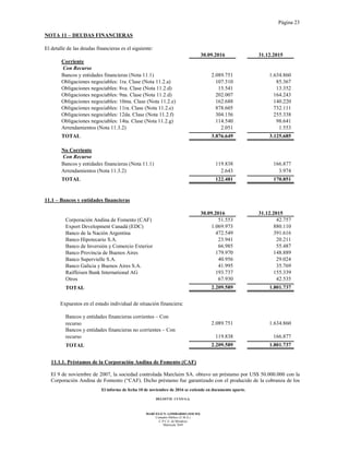 Página 23
El informe de fecha 10 de noviembre de 2016 se extiende en documento aparte.
DELOITTE CUYO S.A.
MARCELO N. LOMBARDO (SOCIO)
Contador Público (U.B.A.)
C.P.C.E. de Mendoza
Matrícula 7649
NOTA 11 – DEUDAS FINANCIERAS
El detalle de las deudas financieras es el siguiente:
30.09.2016 31.12.2015
Corriente
Con Recurso
Bancos y entidades financieras (Nota 11.1) 2.089.751 1.634.860
Obligaciones negociables: 1ra. Clase (Nota 11.2.a) 107.310 85.367
Obligaciones negociables: 8va. Clase (Nota 11.2.d) 15.541 13.352
Obligaciones negociables: 9na. Clase (Nota 11.2.d) 202.007 164.243
Obligaciones negociables: 10ma. Clase (Nota 11.2.e) 162.688 140.220
Obligaciones negociables: 11ra. Clase (Nota 11.2.e) 878.605 732.111
Obligaciones negociables: 12da. Clase (Nota 11.2.f) 304.156 255.338
Obligaciones negociables: 14ta. Clase (Nota 11.2.g) 114.540 98.641
Arrendamientos (Nota 11.3.2) 2.051 1.553
TOTAL 3.876.649 3.125.685
No Corriente
Con Recurso
Bancos y entidades financieras (Nota 11.1) 119.838 166.877
Arrendamientos (Nota 11.3.2) 2.643 3.974
TOTAL 122.481 170.851
11.1 – Bancos y entidades financieras
30.09.2016 31.12.2015
Corporación Andina de Fomento (CAF) 51.553 42.757
Export Development Canadá (EDC) 1.069.973 880.110
Banco de la Nación Argentina 472.549 391.616
Banco Hipotecario S.A. 23.941 20.211
Banco de Inversión y Comercio Exterior 66.985 55.487
Banco Provincia de Buenos Aires 179.970 148.889
Banco Supervielle S.A. 40.956 29.024
Banco Galicia y Buenos Aires S.A. 41.995 35.769
Raiffeisen Bank International AG 193.737 155.339
Otros 67.930 42.535
TOTAL 2.209.589 1.801.737
Expuestos en el estado individual de situación financiera:
Bancos y entidades financieras corrientes – Con
recurso 2.089.751 1.634.860
Bancos y entidades financieras no corrientes – Con
recurso 119.838 166.877
TOTAL 2.209.589 1.801.737
11.1.1. Préstamos de la Corporación Andina de Fomento (CAF)
El 9 de noviembre de 2007, la sociedad controlada Marclaim SA. obtuvo un préstamo por US$ 50.000.000 con la
Corporación Andina de Fomento (“CAF). Dicho préstamo fue garantizado con el producido de la cobranza de los
 