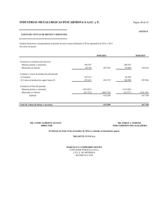INDUSTRIAS METALURGICAS PESCARMONA S.A.I.C. y F. Página 40 de 43
ANEXO F
COSTO DE VENTAS DE BIENES Y SERVICIOS
Estados financieros correspondiente al período de nueve meses finalizado el 30 de septiembre de 2016 y 2015
(En miles de pesos)
30.09.2016 30.09.2015
Existencia al comienzo del ejercicio:
Materias primas y materiales 396.587 268.567
Materiales en tránsito 48.756 445.343 59.869 328.436
Compras y costos de producción del periodo
a) Compras 183.312 46.508
b) Costos de producción según Anexo H 475.413 658.725 348.998 395.506
Existencia al final del periodo:
Materias primas y materiales (423.057) (314.205)
Materiales en tránsito (61.722) (484.779) (41.977) (356.182)
Subtotal 619.289 367.760
Costo de ventas de bienes y servicios 619.289 367.760
MARCELO N. LOMBARDO (SOCIO)
CONTADOR PUBLICO (U.B.A.)
C.P.C.E. DE MENDOZA
MATRICULA 7649
DR. JAIME ALBERTO AGUILÓ DR. JORGE A. PERONE
DIRECTOR POR COMISION FISCALIZADORA
El informe de fecha 10 de noviembre de 2016 se extiende en documento aparte
DELOITTE CUYO S.A.
 