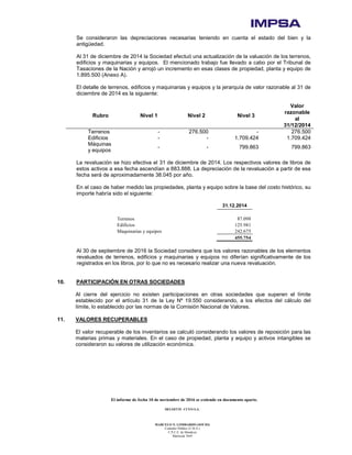 El informe de fecha 10 de noviembre de 2016 se extiende en documento aparte.
DELOITTE CUYO S.A.
MARCELO N. LOMBARDO (SOCIO)
Contador Público (U.B.A.)
C.P.C.E. de Mendoza
Matrícula 7649
Se consideraron las depreciaciones necesarias teniendo en cuenta el estado del bien y la
antigüedad.
Al 31 de diciembre de 2014 la Sociedad efectuó una actualización de la valuación de los terrenos,
edificios y maquinarias y equipos. El mencionado trabajo fue llevado a cabo por el Tribunal de
Tasaciones de la Nación y arrojó un incremento en esas clases de propiedad, planta y equipo de
1.895.500 (Anexo A).
El detalle de terrenos, edificios y maquinarias y equipos y la jerarquía de valor razonable al 31 de
diciembre de 2014 es la siguiente:
Rubro Nivel 1 Nivel 2 Nivel 3
Valor
razonable
al
31/12/2014
Terrenos - 276.500 - 276.500
Edificios - - 1.709.424 1.709.424
Máquinas
y equipos
- - 799.863 799.863
La revaluación se hizo efectiva el 31 de diciembre de 2014. Los respectivos valores de libros de
estos activos a esa fecha ascendían a 883.888. La depreciación de la revaluación a partir de esa
fecha será de aproximadamente 38.045 por año.
En el caso de haber medido las propiedades, planta y equipo sobre la base del costo histórico, su
importe habría sido el siguiente:
31.12.2014
Terrenos 87.098
Edificios 125.981
Maquinarias y equipos 242.675
455.754
Al 30 de septiembre de 2016 la Sociedad considera que los valores razonables de los elementos
revaluados de terrenos, edificios y maquinarias y equipos no diferían significativamente de los
registrados en los libros, por lo que no es necesario realizar una nueva revaluación.
10. PARTICIPACIÓN EN OTRAS SOCIEDADES
Al cierre del ejercicio no existen participaciones en otras sociedades que superen el límite
establecido por el artículo 31 de la Ley Nº 19.550 considerando, a los efectos del cálculo del
límite, lo establecido por las normas de la Comisión Nacional de Valores.
11. VALORES RECUPERABLES
El valor recuperable de los inventarios se calculó considerando los valores de reposición para las
materias primas y materiales. En el caso de propiedad, planta y equipo y activos intangibles se
consideraron su valores de utilización económica.
 