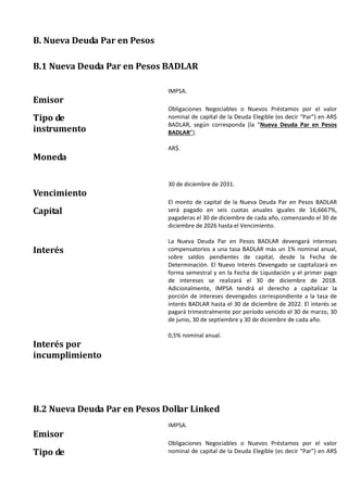 B. Nueva Deuda Par en Pesos
B.1 Nueva Deuda Par en Pesos BADLAR
Emisor
IMPSA.
Tipo de
instrumento
Obligaciones Negociables o Nuevos Préstamos por el valor
nominal de capital de la Deuda Elegible (es decir “Par”) en AR$
BADLAR, según corresponda (la “Nueva Deuda Par en Pesos
BADLAR”).
Moneda
AR$.
Vencimiento
30 de diciembre de 2031.
Capital
El monto de capital de la Nueva Deuda Par en Pesos BADLAR
será pagado en seis cuotas anuales iguales de 16,6667%,
pagaderas el 30 de diciembre de cada año, comenzando el 30 de
diciembre de 2026 hasta el Vencimiento.
Interés
La Nueva Deuda Par en Pesos BADLAR devengará intereses
compensatorios a una tasa BADLAR más un 1% nominal anual,
sobre saldos pendientes de capital, desde la Fecha de
Determinación. El Nuevo Interés Devengado se capitalizará en
forma semestral y en la Fecha de Liquidación y el primer pago
de intereses se realizará el 30 de diciembre de 2018.
Adicionalmente, IMPSA tendrá el derecho a capitalizar la
porción de intereses devengados correspondiente a la tasa de
interés BADLAR hasta el 30 de diciembre de 2022. El interés se
pagará trimestralmente por período vencido el 30 de marzo, 30
de junio, 30 de septiembre y 30 de diciembre de cada año.
Interés por
incumplimiento
0,5% nominal anual.
B.2 Nueva Deuda Par en Pesos Dollar Linked
Emisor
IMPSA.
Tipo de
Obligaciones Negociables o Nuevos Préstamos por el valor
nominal de capital de la Deuda Elegible (es decir “Par”) en AR$
 