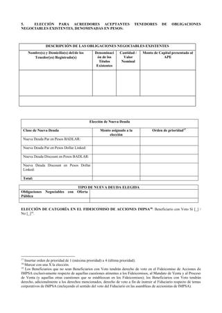 5. ELECCIÓN PARA ACREEDORES ACEPTANTES TENEDORES DE OBLIGACIONES
NEGOCIABLES EXISTENTES, DENOMINADAS EN PESOS:
DESCRIPCIÓN DE LAS OBLIGACIONES NEGOCIABLES EXISTENTES
Nombre(s) y Domicilio(s) del/de los
Tenedores) Registrados
Denominaci
ón de los
Títulos
Existentes
Cantidad /
Valor
Nominal
Monto de Capital presentado al
APE
Elección de Nueva Deuda
Clase de Nueva Deuda Monto asignado a la
elección
Orden de prioridad17
Nueva Deuda Par en Pesos BADLAR:
Nueva Deuda Par en Pesos Dollar Linked:
Nueva Deuda Discount en Pesos BADLAR:
Nueva Deuda Discount en Pesos Dollar
Linked:
Total:
TIPO DE NUEVA DEUDA ELEGIDA
Obligaciones Negociables con Oferta
Pública
ELECCIÓN DE CATGORÍA EN EL FIDEICOMISO DE ACCIONES IMPSA18
: Beneficiario con Voto Sí [_] /
No [_]19
.
17
Insertar orden de prioridad de 1 (máxima prioridad) a 4 (última prioridad).
18
Marcar con una X la elección.
19
Los Beneficiarios que no sean Beneficiarios con Voto tendrán derecho de voto en el Fideicomiso de Acciones de
IMPSA exclusivamente respecto de aquellas cuestiones atinentes a los Fideicomisos, al Mandato de Venta y al Proceso
de Venta (y aquellas otras cuestiones que se establezcan en los Fideicomisos); los Beneficiarios con Voto tendrán
derecho, adicionalmente a los derechos mencionados, derecho de voto a fin de instruir al Fiduciario respecto de temas
corporativos de IMPSA (incluyendo el sentido del voto del Fiduciario en las asambleas de accionistas de IMPSA).
 