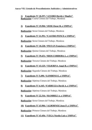 Anexo VII. Listado de Procedimientos Judiciales y Administrativos
1) Expediente N° 18.357: “AVEIRO David c/ Mapfre”
Radicación: Cuarta Cámara del Trabajo, Mendoza
2) Expediente N° 19.504: “JOSE Oscar R. c/ IMPSA”
Radicación: Sexta Cámara del Trabajo, Mendoza
3) Expediente N° 21.591: “CASTRO PONCE c/ IMPSA”
Radicación: Sexta Cámara del Trabajo, Mendoza
4) Expediente N° 18.228: “PISTAN Francisco c/ IMPSA”
Radicación: Quinta Cámara del Trabajo, Mendoza
5) Expediente N° 39.431: “RIOS CORDOBA L. c/ IMPSA”
Radicación: Tercera Cámara del Trabajo, Mendoza
6) Expediente N° 43.125: “TEJERINA Angel R. c/ IMPSA”
Radicación: Segunda Cámara del Trabajo, Mendoza
7) Expediente N° 5.490: “LOMBINO E. c/ IMPSA”
Radicación: Séptima Cámara del Trabajo, Mendoza
8) Expediente N° 6.165: “FARRUGIA David A. c/ IMPSA”
Radicación: Séptima Cámara del Trabajo, Mendoza
9) Expediente N° 22.316: “RAMIREZ A. c/ IMPSA”
Radicación: Sexta Cámara del Trabajo, Mendoza
10) Expediente N° 43.984: “ALBORNOZ Juan P. c/ IMPSA”
Radicación: Primera Cámara del Trabajo, Mendoza
11) Expediente N° 43.456: “VEGA Nicolás Luis c/ IMPSA”
 