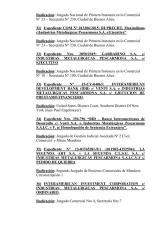 Radicación: Juzgado Nacional de Primera Instancia en lo Comercial
N° 23 – Secretaría N° 230, Ciudad de Buenos Aires.
31) Expediente COM N° 013206/2015: RUPRECHT, Maximiliano
c/Industrias Metalúrgicas Pescarmona S.A. s/Ejecutivo”
Radicación: Juzgado Nacional de Primera Instancia en lo Comercial
N° 23 – Secretaría N° 230, Ciudad de Buenos Aires.
32) Expediente Nro. 2050/2015: GARBARINO S.A. c/
INDUSTRIAS METALURGICAS PESCARMONA S.A. s/
EJECUTIVO
Radicación: Juzgado Nacional de Primera Instancia en lo Comercial
N° 10 – Secretaría N° 100, Ciudad de Buenos Aires.
33) Expediente N° 15-CV-04063: INTERAMERICAN
DEVELOPMENT BANK (IDB) c/ VENTI S.A. e INDUSTRIAS
METALURGICAS PESCARMONA S.A. s/ EJECUCION DE
PRESTAMO FINANCIERO.
Radicación: United States District Court, Southern District Of New
York (Juez Paul Engelmeyer)
34) Expediente Nro. 256.796 “BID – Banco Interamericano de
Desarrollo c/ Venti S.A. e Industrias Metalúrgicas Pescarmona
S.A.I.C. y F. p/ Homologación de Sentencia Extranjera”.
Radicación: Juzgado de Gestión Judicial Asociada Nº 2 Civil,
Comercial y Minas Mendoza
35) Expediente N° 13-03765281-9/1 (011902-4352594): LA
SEGUNDA ART S.A. y LA SEGUNDA C.L.S.G. S.A. c/
INDUSTRIAS METALURGICAS PESCARMONA S.A.I.C.Y.F s/
PEDIDO DE QUIEBRA
Radicación: Segundo Juzgado de Procesos Concursales de Mendoza
Circunscripción 1
36) INTERAMERICAN INVESTMENT CORPORATION c/
INDUSTRIAS METALURGICAS PESCARMONA S.A. s/
ORDINARIO.
Radicación: Juzgado Comercial Nro 4, Secretaría Nro 7
 