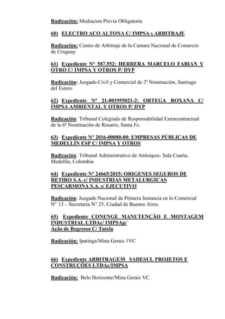 Radicación: Mediacion Previa Obligatoria
60) ELECTRO ACO ALTONA C/ IMPSA s ARBITRAJE
Radicación: Centro de Arbitraje de la Camara Nacional de Comercio
de Uruguay
61) Expediente N° 587.552: HERRERA MARCELO FABIAN Y
OTRO C/ IMPSA Y OTROS P/ DYP
Radicación: Juzgado Civil y Comercial de 2ª Nominación, Santiago
del Estero
62) Expediente N° 21-001955021-2: ORTEGA ROXANA C/
IMPSA AMBIENTAL Y OTROS P/ DYP
Radicación: Tribunal Colegiado de Responsabilidad Extracontractual
de la 6ª Nominación de Rosario, Santa Fe.
63) Expediente N° 2016-00080-00: EMPRESAS PÚBLICAS DE
MEDELLÍN ESP C/ IMPSA Y OTROS
Radicación: Tribunal Administrativo de Antioquia- Sala Cuarta,
Medellín, Colombia
64) Expediente N° 24665/2015: ORIGENES SEGUROS DE
RETIRO S.A. c/ INDUSTRIAS METALURGICAS
PESCARMONA S.A. s/ EJECUTIVO
Radicación: Juzgado Nacional de Primera Instancia en lo Comercial
N° 13 – Secretaría N° 25, Ciudad de Buenos Aires.
65) Expediente CONENGE MANUTENÇÃO E MONTAGEM
INDUSTRIAL LTDAc/ IMPSAp/
Ação de Regresso C/ Tutela
Radicación: Ipatinga/Mina Gerais 1VC
66) Expediente ARBITRAGEM SADESUL PROJETOS E
CONSTRUÇÕES LTDAc/IMPSA
Radicación: Belo Horizonte/Mina Gerais VC
 