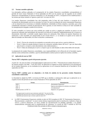Página 12
El informe de fecha 10 de noviembre de 2016 se extiende en documento aparte.
DELOITTE CUYO S.A.
MARCELO N. LOMBARDO (SOCIO)
Contador Público (U.B.A.)
C.P.C.E. de Mendoza
Matrícula 7649
2.2 Normas contables aplicadas
Las principales políticas aplicadas en la preparación de los estados financieros consolidados correspondientes al
período de nueve meses finalizado el 30 de septiembre de 2016 son las mismas que las seguidas en los estados
financieros correspondientes al ejercicio finalizado el 31 de diciembre de 2015, a excepción de las modificaciones a
las normas que hayan entrado en vigencia a partir del 1 de enero de 2016.
Los estados financieros consolidados han sido preparados sobre la base del costo histórico a excepción de la
revaluación de determinados activos no corrientes (ver nota 2.6), por la revaluación de ciertos instrumentos financieros
y de la valuación de las inversiones en entidades subsidiarias, controladas en forma conjunta y asociadas, que se han
contabilizado utilizando el método de participación. Por lo general, el costo histórico se basa en el valor razonable de
la contraprestación otorgada a cambio de los activos.
El valor razonable es el precio que sería recibido por vender un activo o pagado por transferir un pasivo en una
transacción ordenada entre participantes del mercado en la fecha de la medición, independientemente de si el precio es
directamente observable o estimado usando alguna técnica de valoración. Para efectos de reportes financieros las
mediciones a valor razonable son categorizadas en tres niveles (Nivel 1, 2, 3), basado en el grado en los cuales los
datos de entradas son observables, tal como se describe a continuación:
- Nivel 1: Precios de cotización (no ajustados) en mercados activos para activos y pasivos idénticos;
- Nivel 2: Datos de entrada distintos al precio de cotización incluidos dentro del nivel 1 que son observables
para el activo o el pasivo, tanto directamente como indirectamente; y
- Nivel 3: Datos de entrada para el activo o el pasivo que no están basados en datos observables del mercado.
La preparación de estados financieros consolidados, cuya responsabilidad es de la Dirección de la Sociedad, requiere
efectuar ciertas estimaciones contables y que los administradores realicen juicios al aplicar las normas contables. .
2.3 Aplicación de nuevas NIIF
Nuevas NIIF´s adoptadas a partir del presente ejercicio
A partir de 1 de enero de 2016, la Sociedad adoptó la aplicación de la NIC 1 “Presentación de estados financieros” y
las mejoras anuales a las NIIF – Ciclo 2012-2014. Su aplicación no impactó en forma significativa en la presentación
de los estados financieros, en los resultados de las operaciones ni en la situación financiera de la Sociedad al 30 de
septiembre de 2016.
Nuevas NIIF’s emitidas pero no adoptadas a la fecha de emisión de los presentes estados financieros
consolidados condensados
La Sociedad no adoptó las NIIF o revisiones de NIIF que se detallan a continuación, dado que su aplicación no es
exigida al cierre del período de nueve meses finalizado el 30 de septiembre de 2016:
Norma Denominación
NIIF 9 Instrumentos financieros1
NIIF 15 Ingresos procedentes de contratos con clientes1
NIIF 16 Arrendamientos2
Modificaciones a la NIC 12 Impuesto a las ganancias3
1
En vigencia para los ejercicios que comienzan a partir del 1° de enero de 2018.
2
Aplicable para ejercicios que se inicien con posterioridad al 1° de enero de 2019.
3
Aplicables para ejercicios que se inician a partir de enero 2017.
• La NIIF 9 Instrumentos Financieros emitida en julio de 2014 reemplaza la NIC 39 “Instrumentos financieros –
Reconocimiento y medición”. La nueva norma incluye requerimientos para la clasificación, medición y bajas de
activos y pasivos financieros, un nuevo modelo de desvalorización de pérdidas esperadas y un modelo
sustancialmente reformado para la contabilización de coberturas. La versión de NIIF 9 emitida en 2014 fue
 