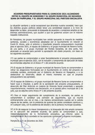 Acuerdo Navarra Suma y PSN para los presupuestos de Pamplona