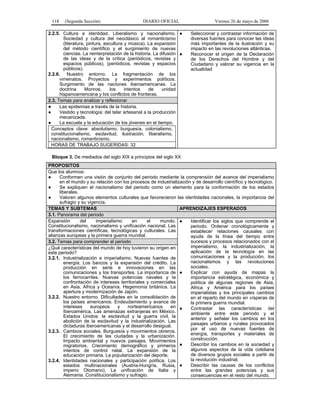 118

(Segunda Sección)

DIARIO OFICIAL

2.2.5. Cultura e identidad. Liberalismo y nacionalismo. ●
Sociedad y cultura del neoclásico al romanticismo
(literatura, pintura, escultura y música). La expansión
del método científico y el surgimiento de nuevas
ciencias. La reinterpretación de la historia. La difusión ●
de las ideas y de la crítica (periódicos, revistas y
espacios públicos), (periódicos, revistas y espacios
públicos).
2.2.6. Nuestro entorno. La fragmentación de los
virreinatos. Proyectos y experimentos políticos.
Surgimiento de las naciones iberoamericanas. La
doctrina
Monroe,
los
intentos
de
unidad
hispanoamericana y los conflictos de fronteras.
2.3. Temas para analizar y reflexionar
●
Las epidemias a través de la historia.
●
Vestido y tecnología: del telar artesanal a la producción
mecanizada.
●
La escuela y la educación de los jóvenes en el tiempo.
Conceptos clave: absolutismo, burguesía, colonialismo,
constitucionalismo, esclavitud, ilustración, liberalismo,
nacionalismo, romanticismo.
HORAS DE TRABAJO SUGERIDAS: 32

Viernes 26 de mayo de 2006
Seleccionar y contrastar información de
diversas fuentes para conocer las ideas
más importantes de la ilustración y su
impacto en las revoluciones atlánticas.
Reconocer el origen de la Declaración
de los Derechos del Hombre y del
Ciudadano y valorar su vigencia en la
actualidad

Bloque 3. De mediados del siglo XIX a principios del siglo XX
PROPOSITOS
Que los alumnos:
●
Conformen una visión de conjunto del periodo mediante la comprensión del avance del imperialismo
en el mundo y su relación con los procesos de industrialización y de desarrollo científico y tecnológico.
●
Se expliquen el nacionalismo del periodo como un elemento para la conformación de los estados
liberales.
●
Valoren algunos elementos culturales que favorecieron las identidades nacionales, la importancia del
sufragio y su vigencia.
TEMAS Y SUBTEMAS
APRENDIZAJES ESPERADOS
3.1. Panorama del periodo
Expansión
del
imperialismo
en
el
mundo. ●
Identificar los siglos que comprende el
Constitucionalismo, nacionalismo y unificación nacional. Las
periodo. Ordenar cronológicamente y
transformaciones científicas, tecnológicas y culturales. Las
establecer relaciones causales con
alianzas europeas y la primera guerra mundial.
ayuda de la línea del tiempo entre
sucesos y procesos relacionados con el
3.2. Temas para comprender el periodo
imperialismo, la industrialización, la
¿Qué características del mundo de hoy tuvieron su origen en
aplicación de la tecnología en las
este periodo?
comunicaciones y la producción, los
3.2.1. Industrialización e imperialismo. Nuevas fuentes de
nacionalismos y las revoluciones
energía. Los bancos y la expansión del crédito. La
sociales.
producción en serie e innovaciones en las
Explicar con ayuda de mapas la
comunicaciones y los transportes. La importancia de ●
los ferrocarriles. Nuevas potencias navales y la
importancia estratégica, económica y
confrontación de intereses territoriales y comerciales
política de algunas regiones de Asia,
en Asia, Africa y Oceanía. Hegemonía británica. La
Africa y América para los países
apertura y modernización de Japón.
imperialistas y los principales cambios
3.2.2. Nuestro entorno. Dificultades en la consolidación de
en el reparto del mundo en vísperas de
los países americanos. Endeudamiento y avance de
la primera guerra mundial.
intereses
europeos
y
norteamericanos
en ●
Contrastar las características del
Iberoamérica. Las amenazas extranjeras en México.
ambiente entre este periodo y el
Estados Unidos: la esclavitud y la guerra civil, la
anterior y señalar los cambios en los
abolición de la esclavitud y la industrialización. Las
paisajes urbanos y rurales provocados
dictaduras iberoamericanas y el desarrollo desigual.
por el uso de nuevas fuentes de
3.2.3. Cambios sociales. Burguesía y movimientos obreros.
energía, transportes y materiales de
El crecimiento de las ciudades y la urbanización.
construcción.
Impacto ambiental y nuevos paisajes. Movimientos
●
Describir los cambios en la sociedad y
migratorios. Crecimiento demográfico y primeros
algunos aspectos de la vida cotidiana
intentos de control natal. La expansión de la
de diversos grupos sociales a partir de
educación primaria. La popularización del deporte.
la revolución industrial.
3.2.4. Identidades nacionales y participación política. Los
Describir las causas de los conflictos
estados multinacionales (Austria-Hungría, Rusia, ●
imperio Otomano). La unificación de Italia y
entre las grandes potencias y sus
Alemania. Constitucionalismo y sufragio.
consecuencias en el resto del mundo.

 