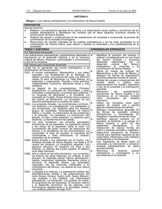 122

(Segunda Sección)

DIARIO OFICIAL

Viernes 26 de mayo de 2006

HISTORIA II
Bloque 1. Las culturas prehispánicas y la conformación de Nueva España
PROPOSITOS
Que los alumnos:
●
Elaboren una perspectiva general de la cultura y la organización social, política y económica de los
pueblos prehispánicos e identifiquen los cambios que en estos aspectos ocurrieron durante la
conformación de Nueva España.
●
Analicen las causas y consecuencias de las expediciones de conquista y comprendan el proceso de
conformación de la sociedad novohispana.
●
Reconozcan los aportes culturales de los pueblos prehispánicos y los de otras sociedades en la
conformación de nuestra cultura, para valorar y respetar su diversidad y sus manifestaciones en la
actualidad.
TEMAS Y SUBTEMAS
APRENDIZAJES ESPERADOS
1.1. Panorama del periodo
Identificar la duración del período y
Las civilizaciones prehispánicas: características relevantes e ●
ordenar cronológicamente en una línea
importancia en el desarrollo histórico y en la herencia
del tiempo sucesos y procesos
cultural de México. Rupturas, continuidades e innovaciones
relevantes
relacionados
con
el
a raíz de la conquista.
desarrollo
cultural
del
México
1.2. Temas para comprender el periodo
prehispánico, la conquista y la
¿Cuál fue la aportación del mundo prehispánico a la
conformación de Nueva España.
conformación de Nueva España?
●
Ubicar en mapas las culturas de
1.2.1. El mundo prehispánico. Mesoamérica y sus áreas
Mesoamérica y del norte de México y
culturales. Los fundamentos de la ideología, la
distinguir las formas de organización
religión y el arte. Las culturas del norte. Los señoríos
territorial presentes durante la colonia.
mayas. El reino de Michoacán La Triple Alianza; su ●
Señalar las causas y consecuencias del
expansión y organización. Tlaxcala y otros señoríos
cambio
social
y
político
que
independientes. Economía, estructura social y vida
experimentaron los pueblos originarios
cotidiana.
a raíz de la conquista y la colonización
1.2.2. La llegada de los conquistadores. Primeras
española.
expediciones. La conquista de Tenochtitlan y otras ●
Reconocer
las
características
campañas y expediciones. La primera gran epidemia.
económicas de Nueva España y su
La conquista de Michoacán y el occidente. La
importancia en el mercado mundial
conquista de Yucatán. Nueva España como sucesora
como
proveedora
de
metales
del imperio de Moctezuma. La conversión de los
preciosos.
señoríos prehispánicos en pueblos de indios.
●
Utilizar los conceptos clave para
1.2.3. Los proyectos iniciales. Las encomiendas y el tributo.
explicar de manera oral y escrita
Las doctrinas y la evangelización. Los pobladores y
algunas características del periodo.
sus fundaciones. Los conflictos entre los diversos
Distinguir características generales de
grupos de españoles. Particularidades de Nueva ●
las formas de expresión artística
Galicia y Yucatán. La instauración de las audiencias
prehispánicas y novohispanas en
y el virreinato. Los obispados. La introducción del
imágenes y reproducciones de obras.
ganado, el trigo y otras especies. La segunda gran
●
Identificar algunos cambios en la
epidemia. La transformación del paisaje.
sociedad, el ambiente y el paisaje en
1.2.4. Los años formativos. Las primeras actividades
Nueva España a partir de las
económicas de los españoles. La explotación minera
catástrofes
demográficas
y
la
y los inicios de la expansión hacia el norte. La
introducción de nuevas formas de
consolidación del poder virreinal, las tasaciones de
cultivo y especies animales y vegetales.
tributos y la decadencia de los encomenderos. La
Seleccionar información de diversas
universidad, la casa de moneda, el consulado de ●
fuentes para identificar aspectos de las
comerciantes y otras instituciones. El carácter
costumbres, tradiciones y vida cotidiana
corporativo de la sociedad.
prehispánicas y novohispanas.
1.2.5. Nueva España y sus relaciones con el mundo. Las
Leer fragmentos de textos sobre la
fronteras cerradas de Nueva España. Las flotas y el ●
conquista y la colonización y comparar
control del comercio. La inmigración española. Los
diversas interpretaciones de estos
esclavos africanos. El comercio con Perú y las
acontecimientos.
Filipinas. La defensa del Caribe español. El destino
●
Reconocer
la
herencia
cultural
de la plata mexicana.
prehispánica y novohispana y su
1.2.6. Arte y cultura en los años formativos. Los conventos,
permanencia en el presente.
los frescos, las obras históricas, los códices, el arte
plumario. El mestizaje cultural: idioma, alimentación,
vestido, costumbres, ideologías. Elementos chinos y
africanos. El desarrollo urbano. Las variedades
regionales. De las herencias medievales a la
consolidación del barroco. Los atisbos de una cultura
mexicana.
1.2.7. La llegada a la madurez. La organización política: las
administraciones locales y las gobernaciones del
norte (Nueva Vizcaya, Nuevo León, Nuevo México).
Las ciudades y sus cabildos. Las instituciones
eclesiásticas. La Inquisición. Los pueblos de indios.
El surgimiento de las haciendas. El comercio interno
y el desarrollo económico de las regiones. Las
innovaciones agropecuarias y la tecnología minera.
Los conflictos políticos del siglo XVIII.

 