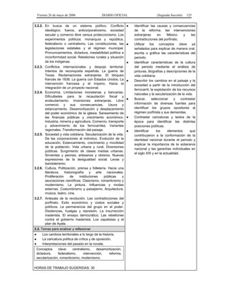 Viernes 26 de mayo de 2006

DIARIO OFICIAL

3.2.2. En busca de un sistema político. Conflicto ●
ideológico: fueros, anticorporativismo, sociedad
secular y comercio libre versus proteccionismo. Los
experimentos políticos: monarquía y república,
federalismo o centralismo. Las constituciones, las ●
legislaciones estatales y el régimen municipal.
Pronunciamientos, dictadura, inestabilidad política e
inconformidad social. Rebeliones rurales y situación
de los indígenas.
●
3.2.3. Conflictos internacionales y despojo territorial.
Intentos de reconquista española. La guerra de
Texas. Reclamaciones extranjeras. El bloqueo
francés de 1838. La guerra con Estados Unidos. La ●
intervención francesa y el imperio. Hacia la
integración de un proyecto nacional.
3.2.4. Economía. Limitaciones monetarias y bancarias.
Dificultades para la recaudación fiscal y
●
endeudamiento. Inversiones extranjeras. Libre
comercio y sus consecuencias. Usura y
estancamiento. Desamortización y desplazamiento
del poder económico de la iglesia. Saneamiento de
las finanzas públicas y crecimiento económico. ●
Industria, minería y agricultura. Comercio, transporte
y advenimiento de los ferrocarriles. Variantes
regionales. Transformación del paisaje.
●
3.2.5. Sociedad y vida cotidiana. Secularización de la vida.
De las corporaciones al individuo. Evolución de la
educación. Estancamiento, crecimiento y movilidad
de la población. Vida urbana y rural. Diversiones
públicas. Surgimiento de clases medias urbanas.
Sirvientes y peones; artesanos y obreros. Nuevas
expresiones de la desigualdad social. Levas y
bandolerismo.
3.2.6. Cultura. Politización, prensa y folletería. Hacia una
literatura,
historiografía
y
arte
nacionales.
Proliferación
de
instituciones
públicas
y
asociaciones científicas. Clasicismo, romanticismo y
modernismo. La pintura. Influencias y modas
externas. Costumbrismo y paisajismo. Arquitectura,
música, teatro, cine.
3.2.7. Antesala de la revolución. Las contradicciones del
porfiriato. Exito económico y costos sociales y
políticos. La permanencia del grupo en el poder.
Disidencias, huelgas y represión. La insurrección
maderista. El ensayo democrático. Las rebeliones
contra el gobierno maderista. Los zapatistas y el
plan de Ayala.
3.3. Temas para analizar y reflexionar
●
●
●

Los cambios territoriales a lo largo de la historia.
La caricatura política de crítica y de oposición.
Interpretaciones del pasado en la novela.
Conceptos
clave:
centralismo,
desamortización,
dictadura,
federalismo,
intervención,
reforma,
secularización, romanticismo, modernismo.

HORAS DE TRABAJO SUGERIDAS: 30

(Segunda Sección)

125

Identificar las causas y consecuencias
de la reforma, las intervenciones
extranjeras
en
México
y
las
contradicciones del porfiriato.
Utilizar los conceptos clave ya
señalados para explicar de manera oral,
escrita o gráfica las características del
periodo.
Identificar características de la cultura
del periodo mediante el análisis de
pinturas, litografías y descripciones de la
vida cotidiana.
Describir los cambios en el paisaje y la
sociedad a partir de la introducción del
ferrocarril, la explotación de los recursos
naturales y la secularización de la vida.
Buscar,
seleccionar
y
contrastar
información de diversas fuentes para
identificar los grupos opositores al
régimen porfirista y sus demandas.
Contrastar caricaturas y textos de la
época para identificar las distintas
posiciones políticas.
Identificar
los
elementos
que
contribuyeron a la conformación de la
identidad nacional durante el periodo y
explicar la importancia de la soberanía
nacional y las garantías individuales en
el siglo XIX y en la actualidad.

 