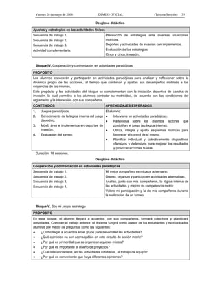 Viernes 26 de mayo de 2006

DIARIO OFICIAL

(Tercera Sección)

59

Desglose didáctico
Ajustes y estrategias en las actividades físicas
Secuencia de trabajo 2.

Planeación de estrategias ante diversas situaciones
motrices.

Secuencia de trabajo 3.

Deportes y actividades de invasión con implementos.

Actividad complementaria.

Evaluación de las estrategias.

Secuencia de trabajo 1.

Cinco y cinco, invasión.
Bloque IV. Cooperación y confrontación en actividades paradójicas
PROPOSITO
Los alumnos conocerán y participarán en actividades paradójicas para analizar y reflexionar sobre la
dinámica propia de las acciones, al tiempo que combinan y ajustan sus desempeños motrices a las
exigencias de las mismas.
Este propósito y las actividades del bloque se complementan con la iniciación deportiva de cancha de
invasión, la cual permitirá a los alumnos controlar su motricidad, de acuerdo con las condiciones del
reglamento y la interacción con sus compañeros.
CONTENIDOS

APRENDIZAJES ESPERADOS

1.

Juegos paradójicos.

El alumno:

2.

Conocimiento de la lógica interna del juego ●
deportivo.
●
Móvil, área e implementos en deportes de
invasión.
●

3.
4.

Evaluación del torneo.
●

Interviene en actividades paradójicas.
Reflexiona sobre los distintos factores
posibilitan el juego (su lógica interna).

que

Utiliza, integra y ajusta esquemas motrices para
favorecer el control de sí mismo.
Planifica individual y colectivamente dispositivos
ofensivos y defensivos para mejorar los resultados
y provocar acciones fluidas.

Duración: 16 sesiones.
Desglose didáctico
Cooperación y confrontación en actividades paradójicas
Secuencia de trabajo 1.

Mi mejor compañero es mi peor adversario.

Secuencia de trabajo 2.

Diseño, organizo y participo en actividades alternativas.

Secuencia de trabajo 3.

Analizo, junto con mis compañeros, la lógica interna de
las actividades y mejoro mi competencia motriz.

Secuencia de trabajo 4.

Valoro mi participación y la de mis compañeros durante
la realización de un torneo.
Bloque V. Soy mi propio estratega
PROPOSITO
En este bloque, el alumno llegará a acuerdos con sus compañeros, formará colectivos y planificará
actividades. Como en el trabajo anterior, el docente fungirá como asesor de los estudiantes y motivará a los
alumnos por medio de preguntas como las siguientes:
●

¿Cómo llegar a acuerdos en el grupo para desarrollar las actividades?

●

¿Qué ejercicios no son aconsejables en este circuito de acción motriz?

●

¿Por qué es primordial que se organicen equipos mixtos?

●

¿Por qué es importante el diseño de proyectos?

●

¿Qué relevancia tiene, en las actividades cotidianas, el trabajo de equipo?

●

¿Por qué es conveniente que haya diferentes opiniones?

 