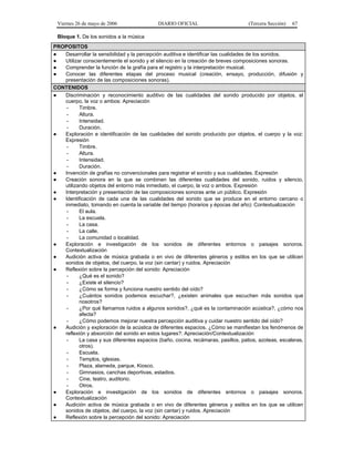 Viernes 26 de mayo de 2006

DIARIO OFICIAL

(Tercera Sección)

67

Bloque 1. De los sonidos a la música
PROPOSITOS
●
Desarrollar la sensibilidad y la percepción auditiva e identificar las cualidades de los sonidos.
●
Utilizar conscientemente el sonido y el silencio en la creación de breves composiciones sonoras.
●
Comprender la función de la grafía para el registro y la interpretación musical.
●
Conocer las diferentes etapas del proceso musical (creación, ensayo, producción, difusión y
presentación de las composiciones sonoras).
CONTENIDOS
●
Discriminación y reconocimiento auditivo de las cualidades del sonido producido por objetos, el
cuerpo, la voz o ambos: Apreciación
Timbre.
Altura.
Intensidad.
Duración.
●
Exploración e identificación de las cualidades del sonido producido por objetos, el cuerpo y la voz:
Expresión
Timbre.
Altura.
Intensidad.
Duración.
●
Invención de grafías no convencionales para registrar el sonido y sus cualidades. Expresión
●
Creación sonora en la que se combinen las diferentes cualidades del sonido, ruidos y silencio,
utilizando objetos del entorno más inmediato, el cuerpo, la voz o ambos. Expresión
●
Interpretación y presentación de las composiciones sonoras ante un público. Expresión
●
Identificación de cada una de las cualidades del sonido que se produce en el entorno cercano o
inmediato, tomando en cuenta la variable del tiempo (horarios y épocas del año): Contextualización
El aula.
La escuela.
La casa.
La calle.
La comunidad o localidad.
●
Exploración e investigación de los sonidos de diferentes entornos o paisajes sonoros.
Contextualización
●
Audición activa de música grabada o en vivo de diferentes géneros y estilos en los que se utilicen
sonidos de objetos, del cuerpo, la voz (sin cantar) y ruidos. Apreciación
●
Reflexión sobre la percepción del sonido: Apreciación
¿Qué es el sonido?
¿Existe el silencio?
¿Cómo se forma y funciona nuestro sentido del oído?
¿Cuántos sonidos podemos escuchar?, ¿existen animales que escuchen más sonidos que
nosotros?
¿Por qué llamamos ruidos a algunos sonidos?, ¿qué es la contaminación acústica?, ¿cómo nos
afecta?
¿Cómo podemos mejorar nuestra percepción auditiva y cuidar nuestro sentido del oído?
●
Audición y exploración de la acústica de diferentes espacios. ¿Cómo se manifiestan los fenómenos de
reflexión y absorción del sonido en estos lugares?: Apreciación/Contextualización
La casa y sus diferentes espacios (baño, cocina, recámaras, pasillos, patios, azoteas, escaleras,
otros).
Escuela.
Templos, iglesias.
Plaza, alameda, parque, Kiosco.
Gimnasios, canchas deportivas, estadios.
Cine, teatro, auditorio.
Otros.
●
Exploración e investigación de los sonidos de diferentes entornos o paisajes sonoros.
Contextualización
●
Audición activa de música grabada o en vivo de diferentes géneros y estilos en los que se utilicen
sonidos de objetos, del cuerpo, la voz (sin cantar) y ruidos. Apreciación
●
Reflexión sobre la percepción del sonido: Apreciación

 