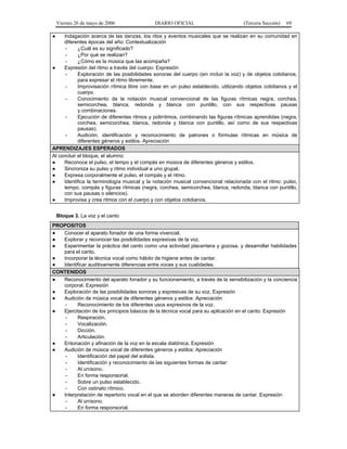 Viernes 26 de mayo de 2006

DIARIO OFICIAL

(Tercera Sección)

69

●

Indagación acerca de las danzas, los ritos y eventos musicales que se realizan en su comunidad en
diferentes épocas del año: Contextualización
¿Cuál es su significado?
¿Por qué se realizan?
¿Cómo es la música que las acompaña?
●
Expresión del ritmo a través del cuerpo: Expresión
Exploración de las posibilidades sonoras del cuerpo (sin incluir la voz) y de objetos cotidianos,
para expresar el ritmo libremente.
Improvisación rítmica libre con base en un pulso establecido, utilizando objetos cotidianos y el
cuerpo.
Conocimiento de la notación musical convencional de las figuras rítmicas negra, corchea,
semicorchea, blanca, redonda y blanca con puntillo, con sus respectivas pausas
y combinaciones.
Ejecución de diferentes ritmos y polirritmos, combinando las figuras rítmicas aprendidas (negra,
corchea, semicorchea, blanca, redonda y blanca con puntillo, así como de sus respectivas
pausas).
Audición, identificación y reconocimiento de patrones o fórmulas rítmicas en música de
diferentes géneros y estilos. Apreciación
APRENDIZAJES ESPERADOS
Al concluir el bloque, el alumno:
●
Reconoce el pulso, el tempo y el compás en música de diferentes géneros y estilos.
●
Sincroniza su pulso y ritmo individual a uno grupal.
●
Expresa corporalmente el pulso, el compás y el ritmo.
●
Identifica la terminología musical y la notación musical convencional relacionada con el ritmo: pulso,
tempo, compás y figuras rítmicas (negra, corchea, semicorchea, blanca, redonda, blanca con puntillo,
con sus pausas o silencios).
●
Improvisa y crea ritmos con el cuerpo y con objetos cotidianos.
Bloque 3. La voz y el canto
PROPOSITOS
●
Conocer el aparato fonador de una forma vivencial.
●
Explorar y reconocer las posibilidades expresivas de la voz.
●
Experimentar la práctica del canto como una actividad placentera y gozosa, y desarrollar habilidades
para el canto.
●
Incorporar la técnica vocal como hábito de higiene antes de cantar.
●
Identificar auditivamente diferencias entre voces y sus cualidades.
CONTENIDOS
●
Reconocimiento del aparato fonador y su funcionamiento, a través de la sensibilización y la conciencia
corporal. Expresión
●
Exploración de las posibilidades sonoras y expresivas de su voz. Expresión
●
Audición de música vocal de diferentes géneros y estilos: Apreciación
Reconocimiento de los diferentes usos expresivos de la voz.
●
Ejercitación de los principios básicos de la técnica vocal para su aplicación en el canto: Expresión
Respiración.
Vocalización.
Dicción.
Articulación.
●
Entonación y afinación de la voz en la escala diatónica. Expresión
●
Audición de música vocal de diferentes géneros y estilos: Apreciación
Identificación del papel del solista.
Identificación y reconocimiento de las siguientes formas de cantar:
Al unísono.
En forma responsorial.
Sobre un pulso establecido.
Con ostinato rítmico.
●
Interpretación de repertorio vocal en el que se aborden diferentes maneras de cantar. Expresión
Al unísono.
En forma responsorial.

 