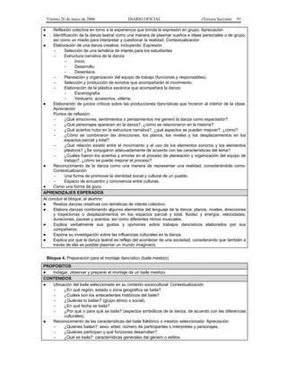 Viernes 26 de mayo de 2006

DIARIO OFICIAL

(Tercera Sección)

91

●
●

Reflexión colectiva en torno a la experiencia que brinda la expresión en grupo. Apreciación
Identificación de la danza teatral como una manera de plasmar sueños e ideas personales o de grupo,
así como un medio para interpretar y cuestionar la realidad. Contextualización
●
Elaboración de una danza creativa, incluyendo: Expresión
Selección de una temática de interés para los estudiantes
Estructura narrativa de la danza:
Inicio.
Desarrollo.
Desenlace.
Planeación y organización del equipo de trabajo (funciones y responsables).
Selección y producción de sonidos que acompañarán el movimiento.
Elaboración de la plástica escénica que acompañará la danza:
Escenografía.
Vestuario, accesorios, utilería.
●
Elaboración de juicios críticos sobre las producciones dancísticas que hicieron al interior de la clase.
Apreciación
Puntos de reflexión:
¿Qué emociones, sentimientos o pensamientos me generó la danza como espectador?
¿Qué personajes aparecen en la danza?, ¿cómo se relacionaron en la historia?
¿Qué aciertos hubo en la estructura narrativa?, ¿qué aspectos se pueden mejorar?, ¿cómo?
¿Cómo se combinaron las direcciones, los planos, los niveles y los desplazamientos en los
espacios parcial y total?
¿Qué relación existió entre el movimiento y el uso de los elementos sonoros y los elementos
plásticos? ¿Se conjugaron adecuadamente de acuerdo con las características del tema?
¿Cuáles fueron los aciertos y errores en el proceso de planeación y organización del equipo de
trabajo?, ¿cómo se puede mejorar el proceso?
●
Reconocimiento de la danza como una manera de representar una realidad, considerándola como:
Contextualización
Una forma de promover la identidad social y cultural de un pueblo.
Espacio de encuentro y convivencia entre culturas.
●
Como una forma de gozo.
APRENDIZAJES ESPERADOS
Al concluir el bloque, el alumno:
●
Realiza danzas creativas con temáticas de interés colectivo.
●
Elabora danzas combinando algunos elementos del lenguaje de la danza: planos, niveles, direcciones
y trayectorias o desplazamientos en los espacios parcial y total; fluidez y energía; velocidades,
duraciones, pausas y acentos; así como diferentes ritmos musicales.
●
Explica verbalmente sus gustos y opiniones sobre trabajos dancísticos elaborados por sus
compañeros.
●
Expone su investigación sobre las influencias culturales en la danza.
●
Explica por qué la danza teatral es reflejo del acontecer de una sociedad, considerando que también a
través de ella es posible plasmar un mundo imaginario.
Bloque 4. Preparación para el montaje dancístico (baile mestizo)
PROPOSITOS
●
Indagar, observar y preparar el montaje de un baile mestizo.
CONTENIDOS
●
Ubicación del baile seleccionado en su contexto sociocultural: Contextualización
¿En qué región, estado o zona geográfica se baila?
¿Cuáles son los antecedentes históricos del baile?
¿Quiénes lo bailan? (grupo étnico o social).
¿En qué fecha se baila?
¿Por qué o para qué se baila? (aspectos simbólicos de la danza, de acuerdo con las diferencias
culturales).
●
Reconocimiento de las características del baile folklórico o mestizo seleccionado: Apreciación
¿Quiénes bailan?: sexo, edad, número de participantes o intérpretes y personajes.
¿Quiénes participan y qué funciones desarrollan?
¿Qué se baila?: características generales del género o estilos.

 